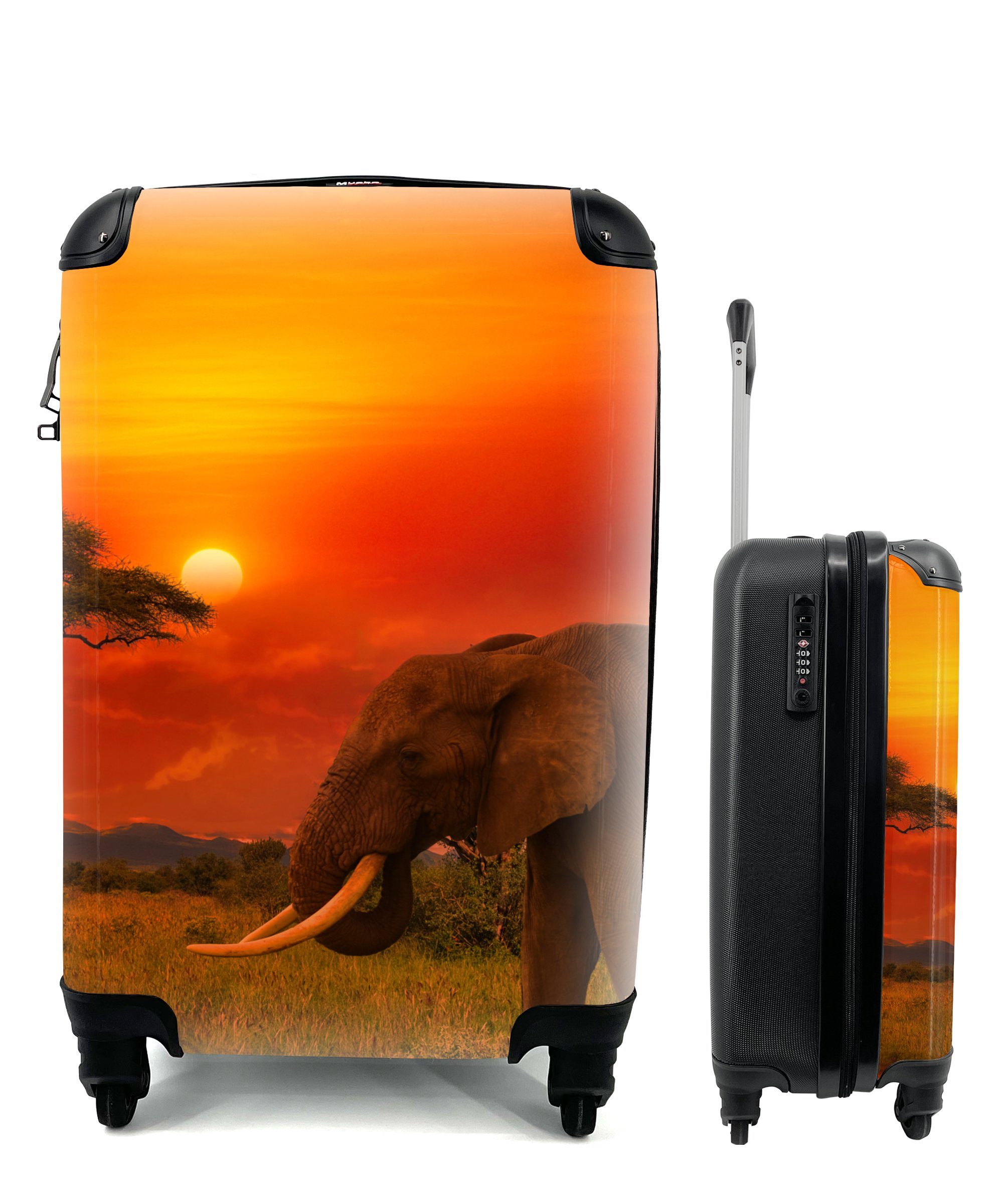 Savanne 4 Handgepäckkoffer Rollen, - MuchoWow - Reisetasche für Trolley, Tiere, Ferien, mit - - Orange rollen, Handgepäck Elefant Reisekoffer Sonnenuntergang