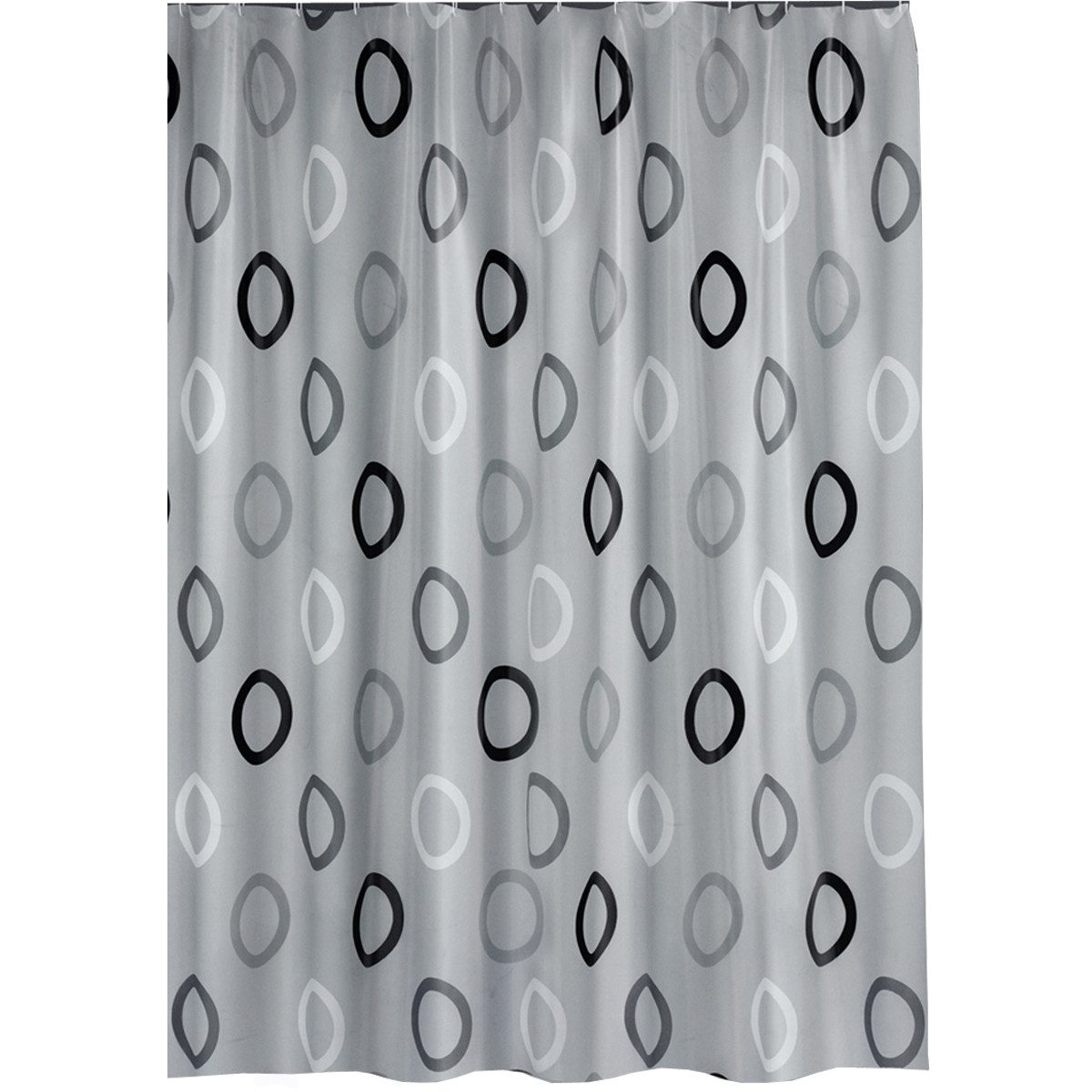 Ekershop Duschvorhang Textil Grau mit Weiß Schwarz Kreisen für Duschstange Breite 220 cm (inkl. Ringe), Höhe 200 cm, wasserabweisend, waschbar, bügelbar