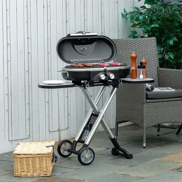 Outsunny Gasgrill mit 2 Brenner Grillnetz Seitenablage Rollen, Campinggrill, Grillwagen, Edelstahl Schwarz+Silber 100 x 41,6 x 82,5 cm