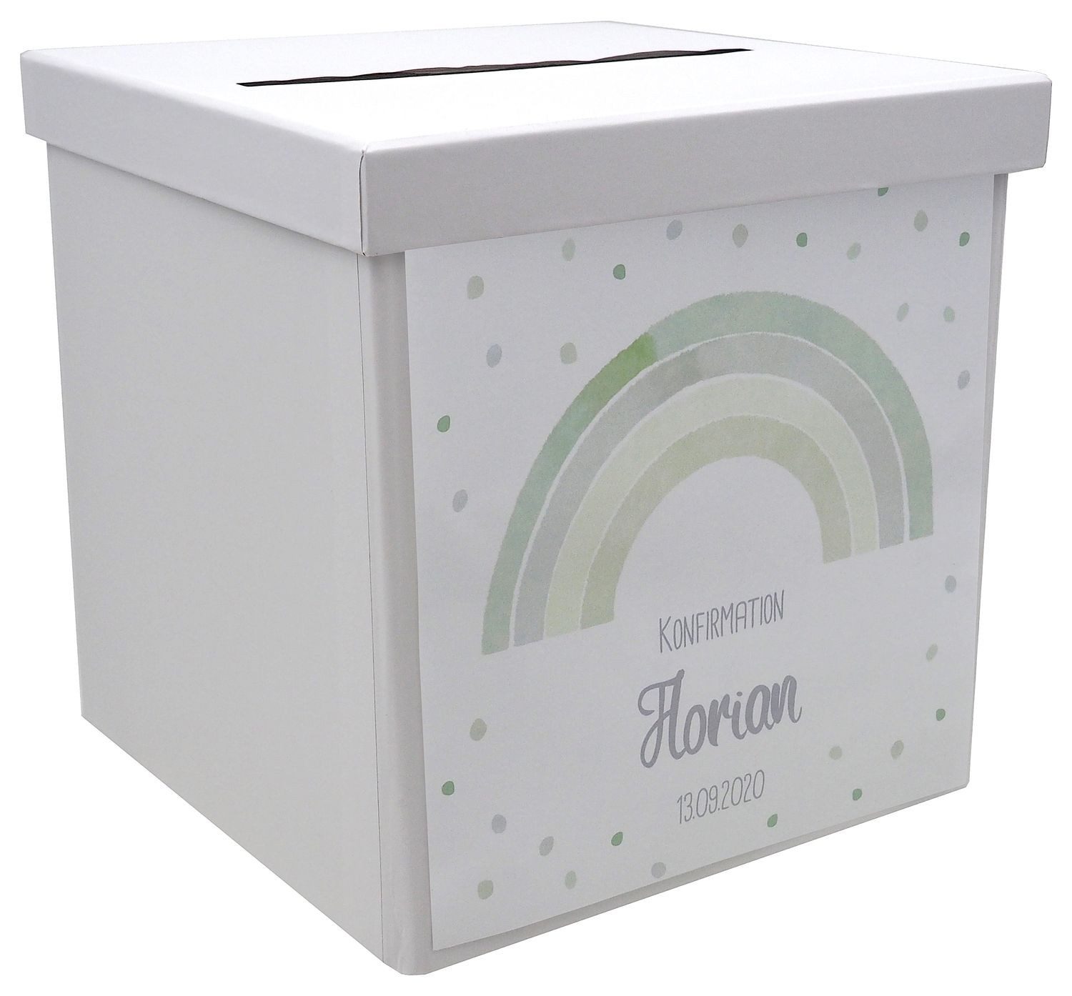 ZauberDeko Geschenkbox Briefbox Regenbogen Grün Taufe Kommunion Konfirmation MIT NAME