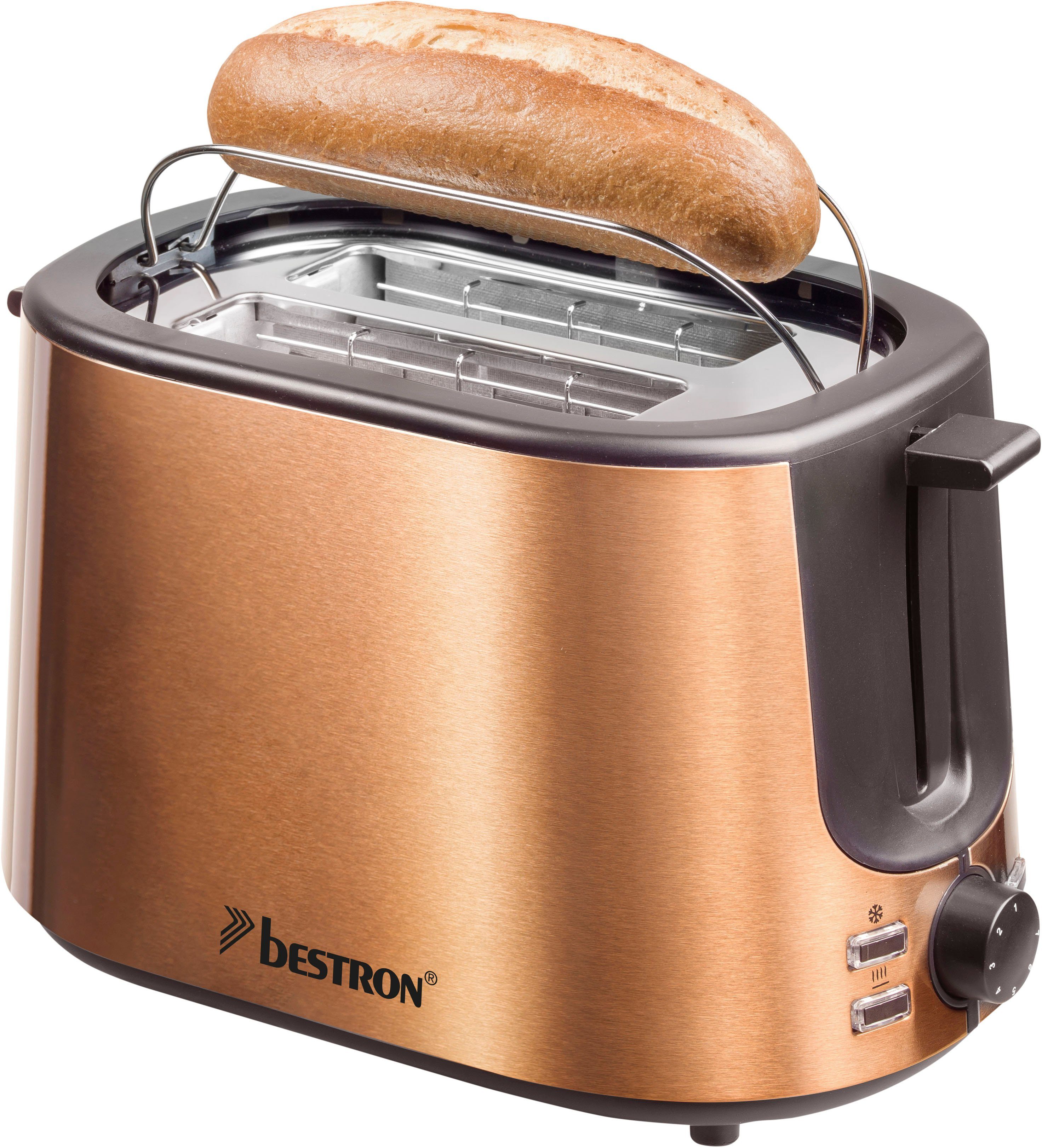bestron Toaster für W, Scheiben, kurze und Edelstahl Krümelschublade Kupfer-Optik Schlitze, Brötchen-Röstaufsatz, ATS1000CO, 2 1000 in 2