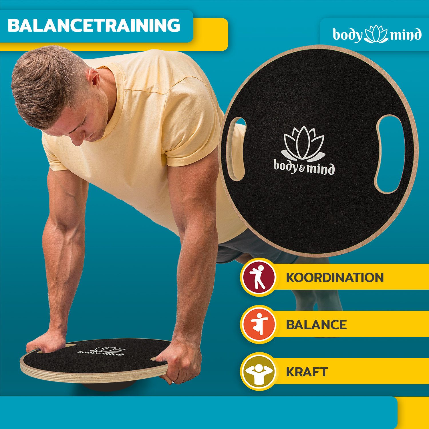 Body & Mind Balanceboard Balance-Board Deluxe – Holz-Balance-Board & Core-Stabilitäts-Board Pro, Gleichgewichtstrainer aus Holz