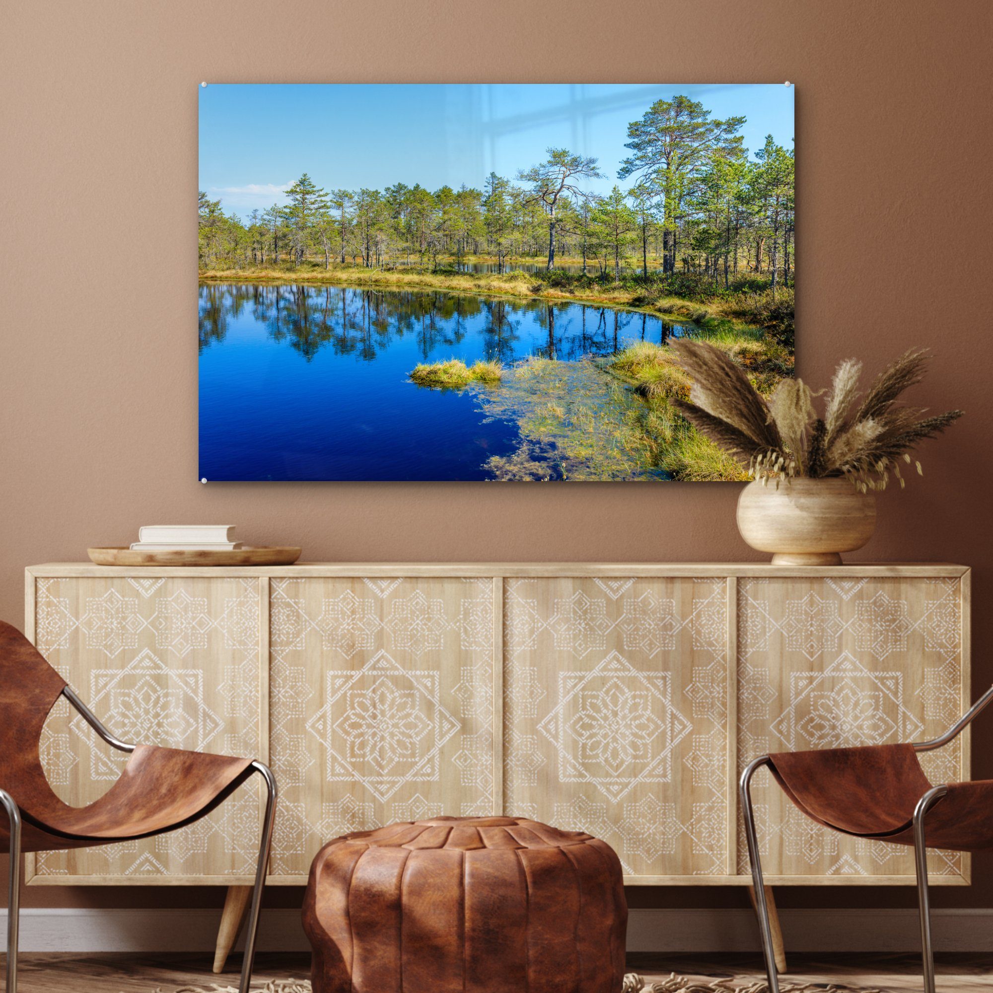 MuchoWow des & Acrylglasbilder estnischen, im Schlafzimmer (1 Sumpfgebiet im am blauen Bäume Grüne Acrylglasbild Rande Wassers St), Wohnzimmer