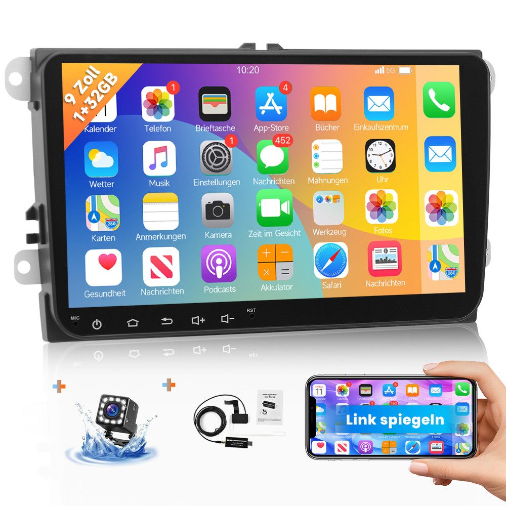 Hikity 9 Zoll Android für VW Polo Passat Tiguan GPS Spiegelung mit Kamera Autoradio (FM/AM-Radio, Bluetooth, Wifi, gespiegelte Verbindungen)