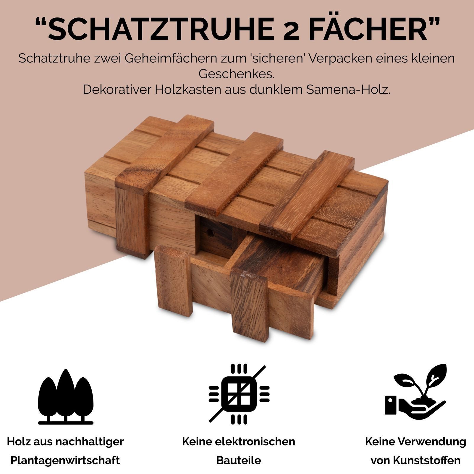 LOGOPLAY Schatzkiste Schatztruhe 2 Fächer (1 St), Schatztruhe mit 2 Geheimfächern – Trickkiste aus Holz