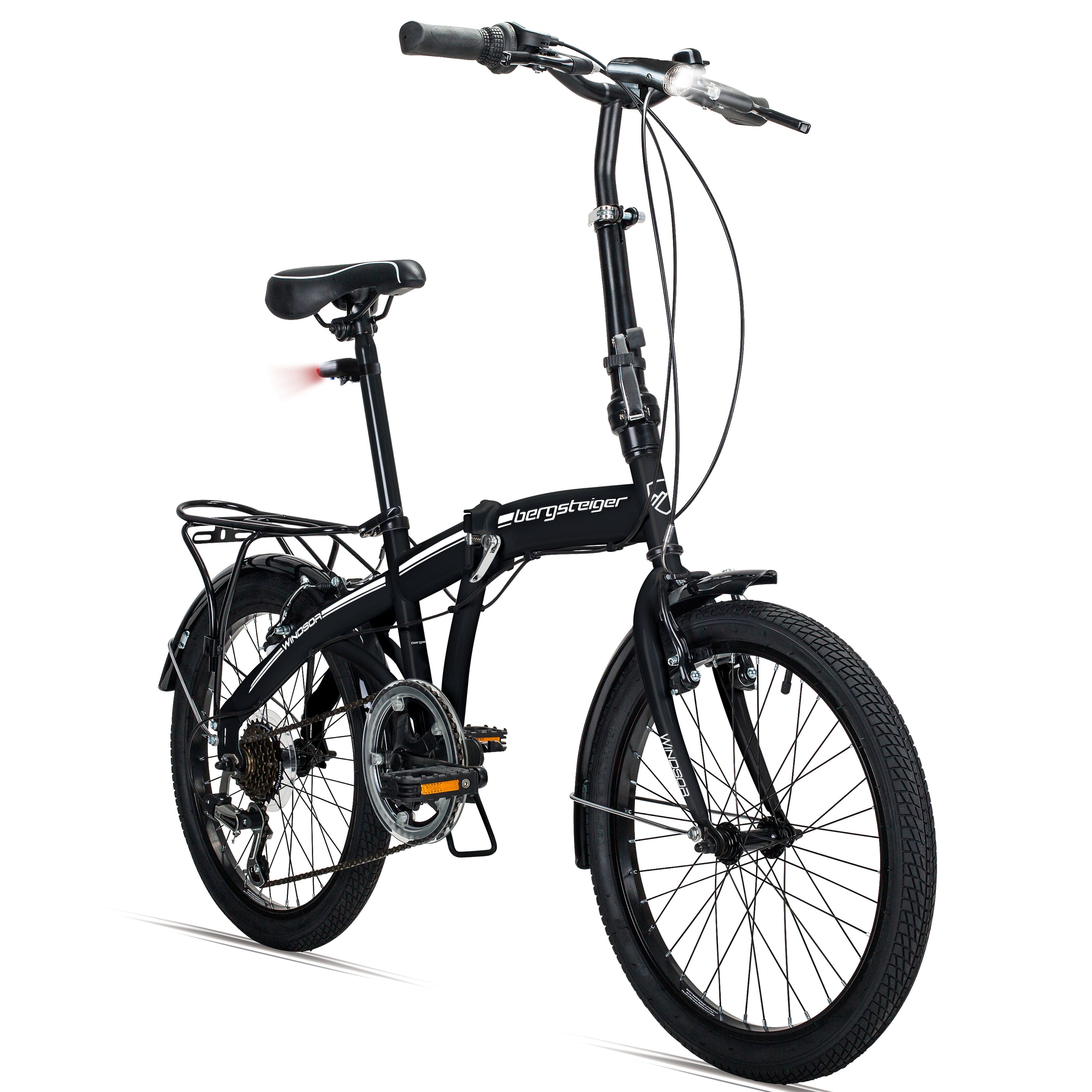 bergsteiger Faltrad Windsor 20 Zoll, Klapprad, Shimano 6 Gang-Schaltung, Damen, Herren, 6 Gang Shimano Tourney RD-TY21 Schaltwerk, Kettenschaltung, V-Bremsen