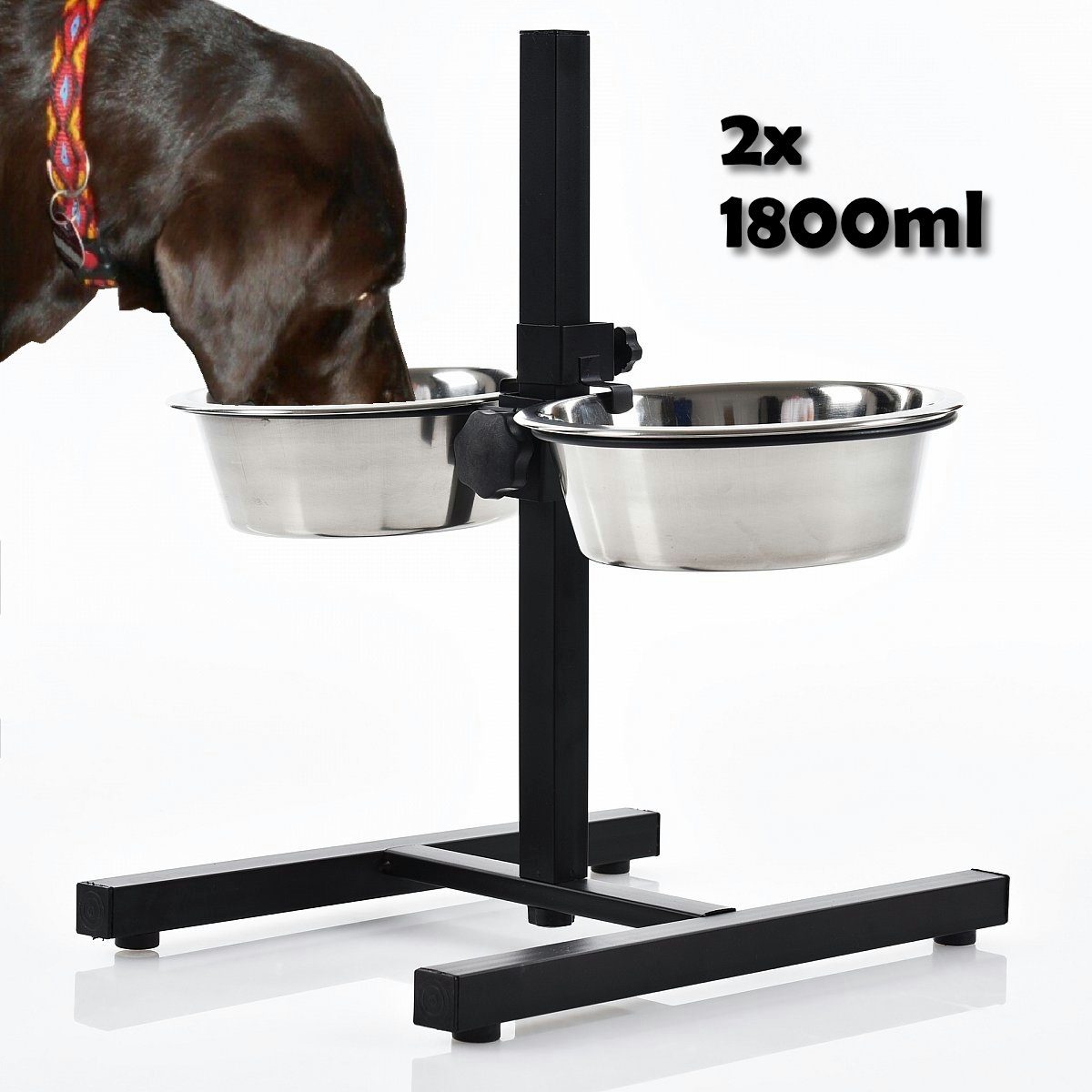 Koopman Futternapf Ø 19 cm 2x1800 ml Höhenverstellbar, Edelstahl, 2 x 1800 ml, Standfuß, Schwarz, Schale herausnehmbar