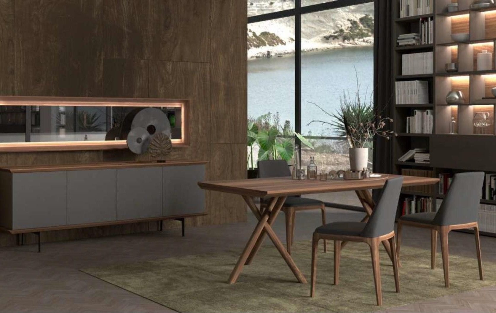 Esszimmer-Set Luxus Esszimmermöbel aus Holz mit Tisch, Stühlen und Spiegel