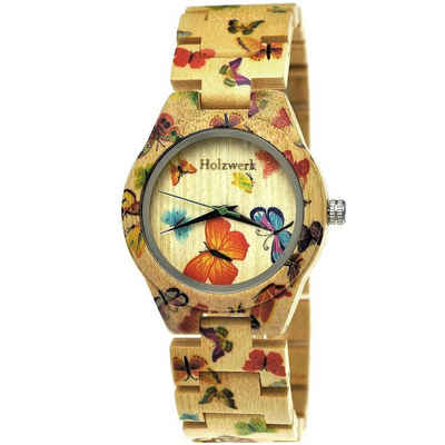 Holzwerk Quarzuhr MARIPOSA Damen Holz Armband Uhr, Schmetterling Muster, beige & bunt