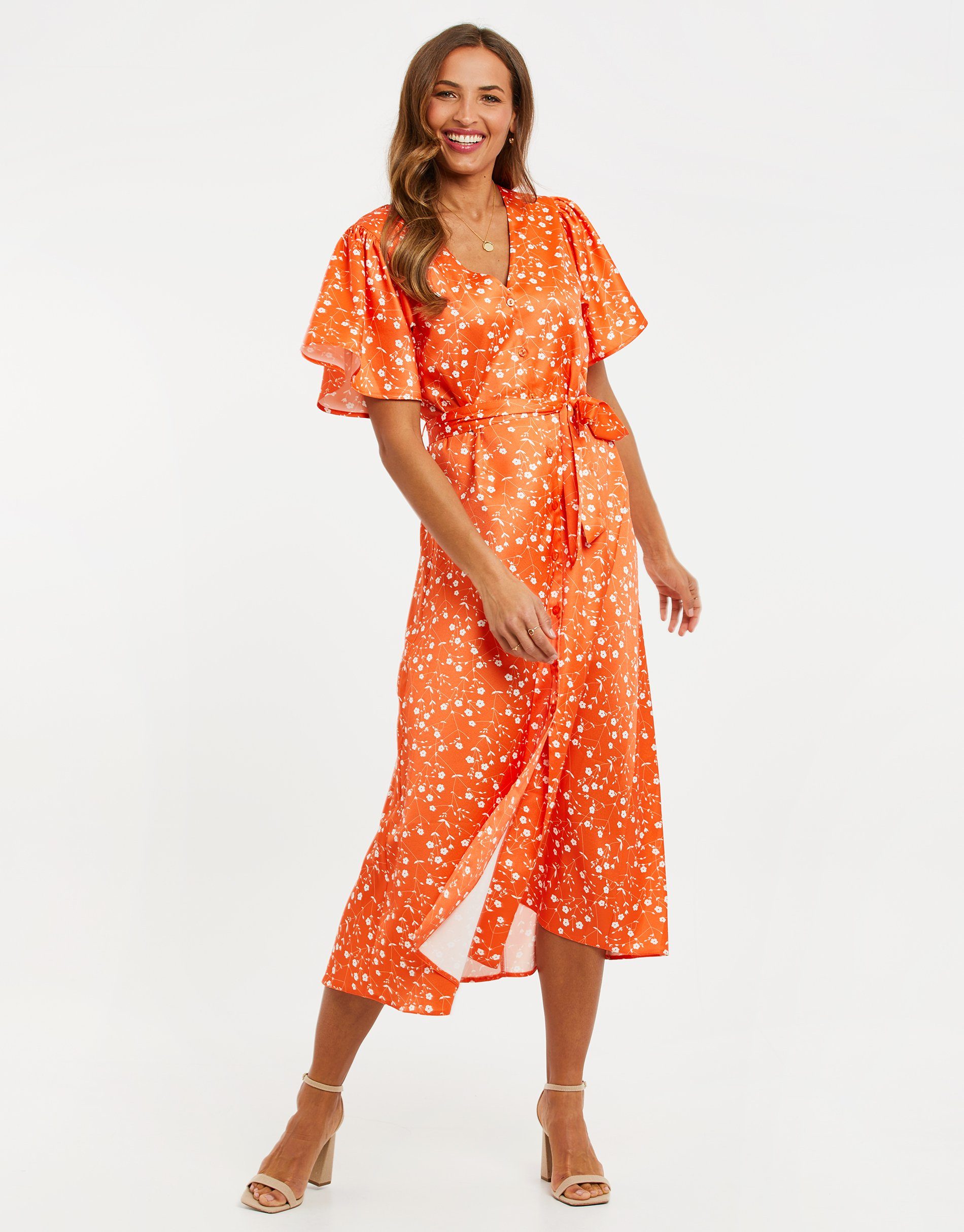 Threadbare Sommerkleid THB Fruit Pastill Midi Button Dress Orange