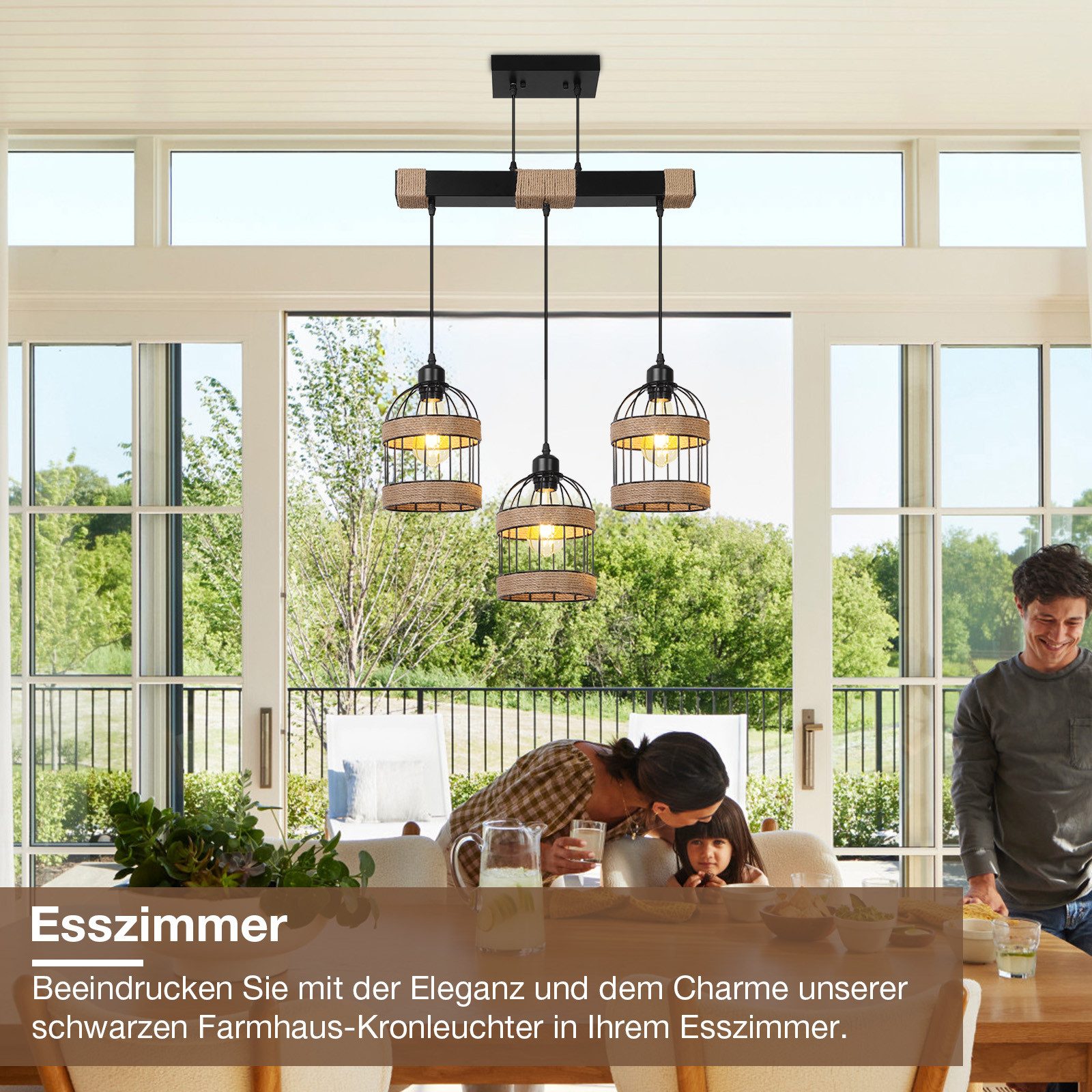 Rosnek LED Pendelleuchte 3-flammige Rattan Küchen Pendelleuchte, Höhenverstellbar & DIY, Halogen, warmweiß, Farmhouse Hängelampe für Kitchen Island & Esszimmer, – Bild 5 von 5