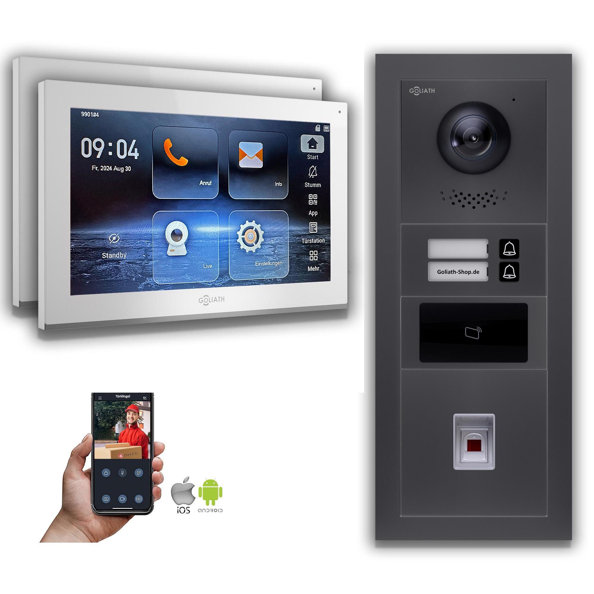 Goliath Intercom Video-Türsprechanlage Goliath IP Video Türsprechanlage: 10-Zoll 2 Familienhaus, Fingerprint, (Privat oder Gewerblich)