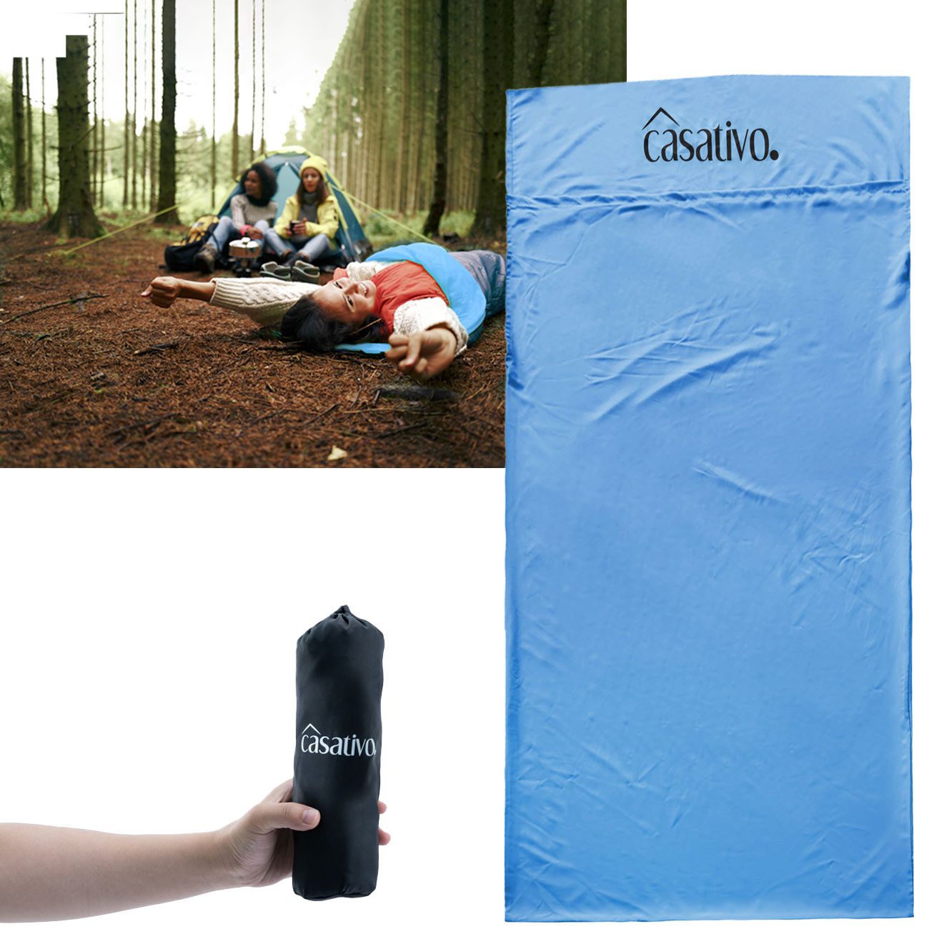 Casativo Hüttenschlafsack Ultraleicht Hüttenschlafsack aus atmungsaktiven Mikrofasern 200g Blau (1 tlg), Kissenfach & Transporthülle, 210x75 cm, Packmaß (6x25 cm)