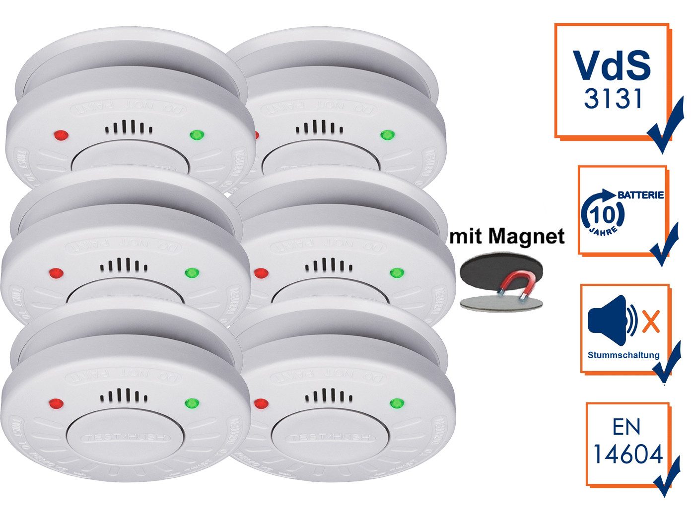 smartwares Rauchmelder (6er Set 10 Jahres Brandmelder mit Magnethalter Kleben statt Bohren)