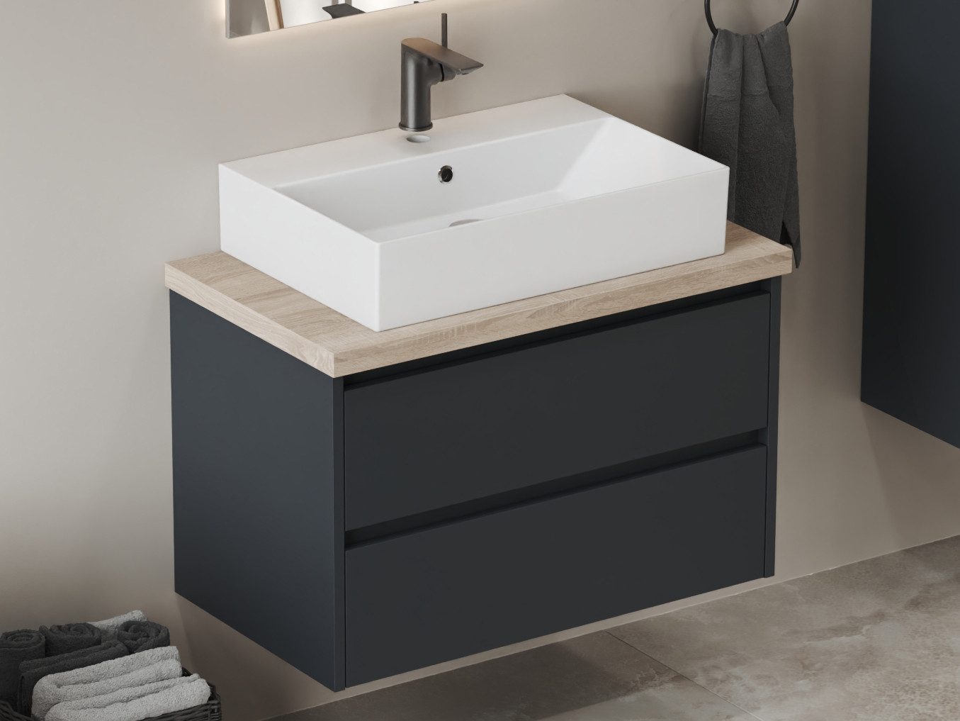 Aqua Bagno Badmöbel-Set Badschrank mit Waschbecken, anthrazit matt lackiert, Keramikwaschtisch, (Badschrank vormontiert, 3-St., Badmöbelschrank mit Trägerplatte, Waschbecken), einfache Montage