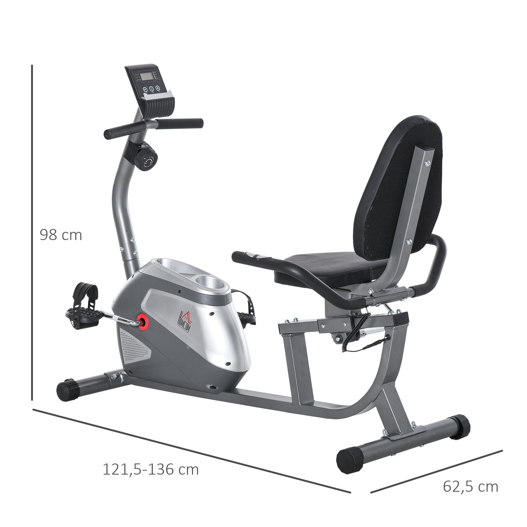 HOMCOM Heimtrainer Liege-Heimtrainer mit 8 stufig einstellbarem Magnetwiderstand (Heimtrainer Fahrrad, 1-tlg., Liegeheimtrainer), Metall ABS 121,5-136 x 62,5 x 98 cm