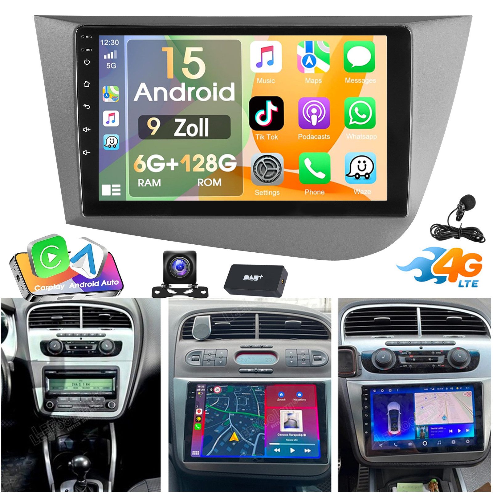 ESSGOO Für Seat Leon 1P1 2005-12 6+128G Android 15 Autoradio Carplay GPS NAVI Autoradio (RDS, 6GB+128GB, 4G LTE, DAB (optional), FM, AM, DAB+ (optional), Carplay Android Auto Bluetooth EQ USB GPS Navi WIFI Touchscreen)