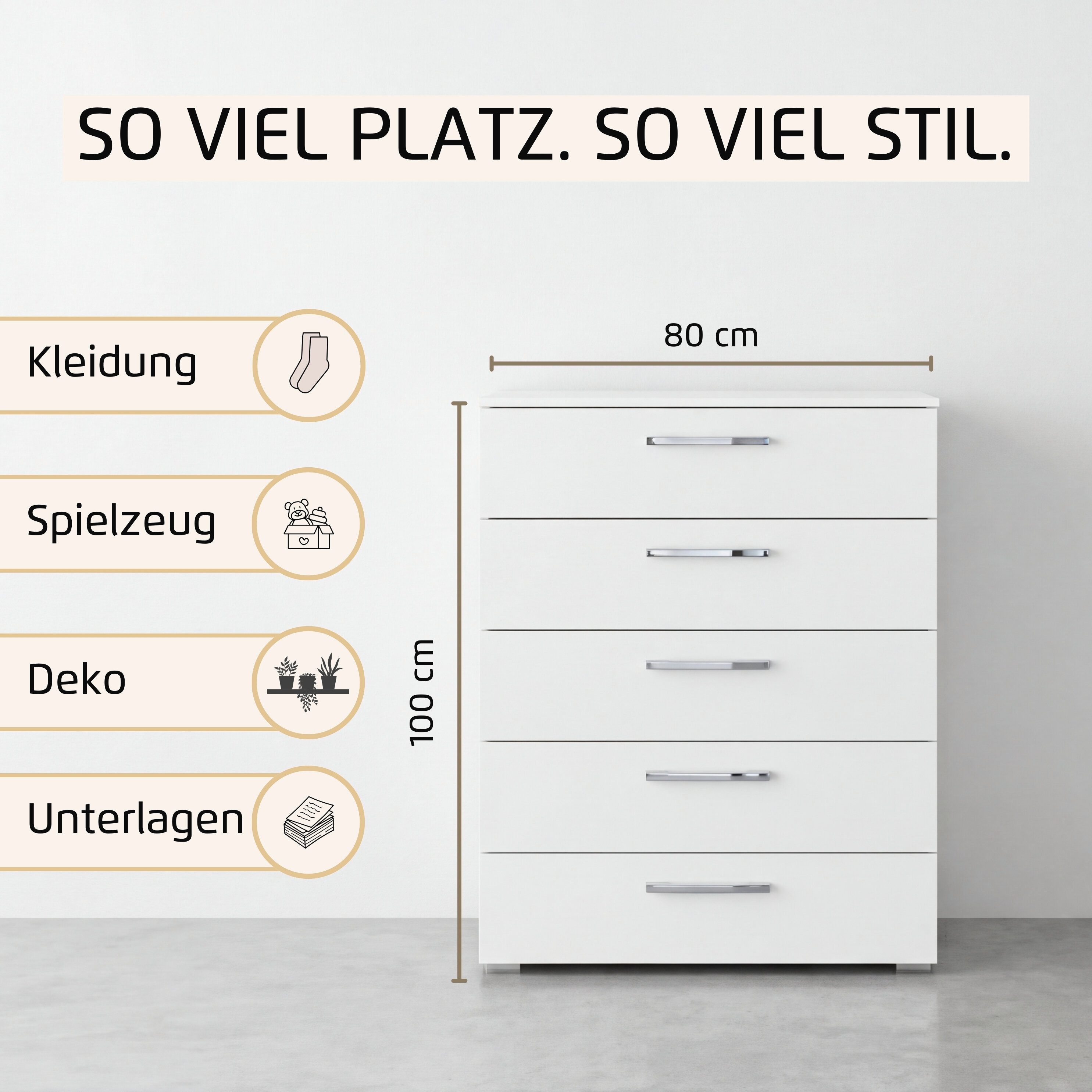 rauch Schubkastenkommode Highboard Sideboard Kommode MONTCLAR Frontauswahl Dekor/Hochglanz/Glas (in 2 Breiten: 40 oder 80 cm / Höhe 100 cm, inkl. Soft-Close-Funktion), mit 5 geräumigen Schubladen, viele Griffvarianten MADE IN GERMANY