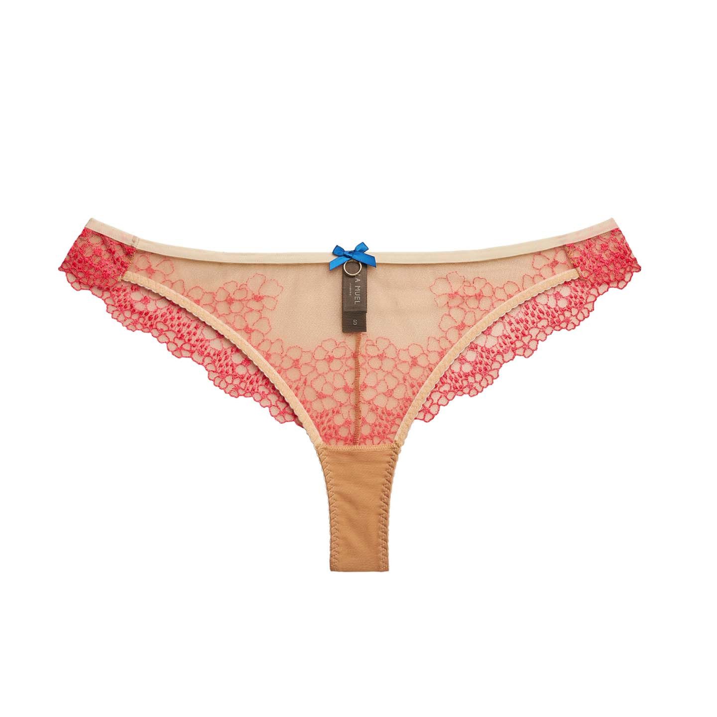 Brasilslip mit knallig neon pinker Stickerei und transparentem Vorderteil