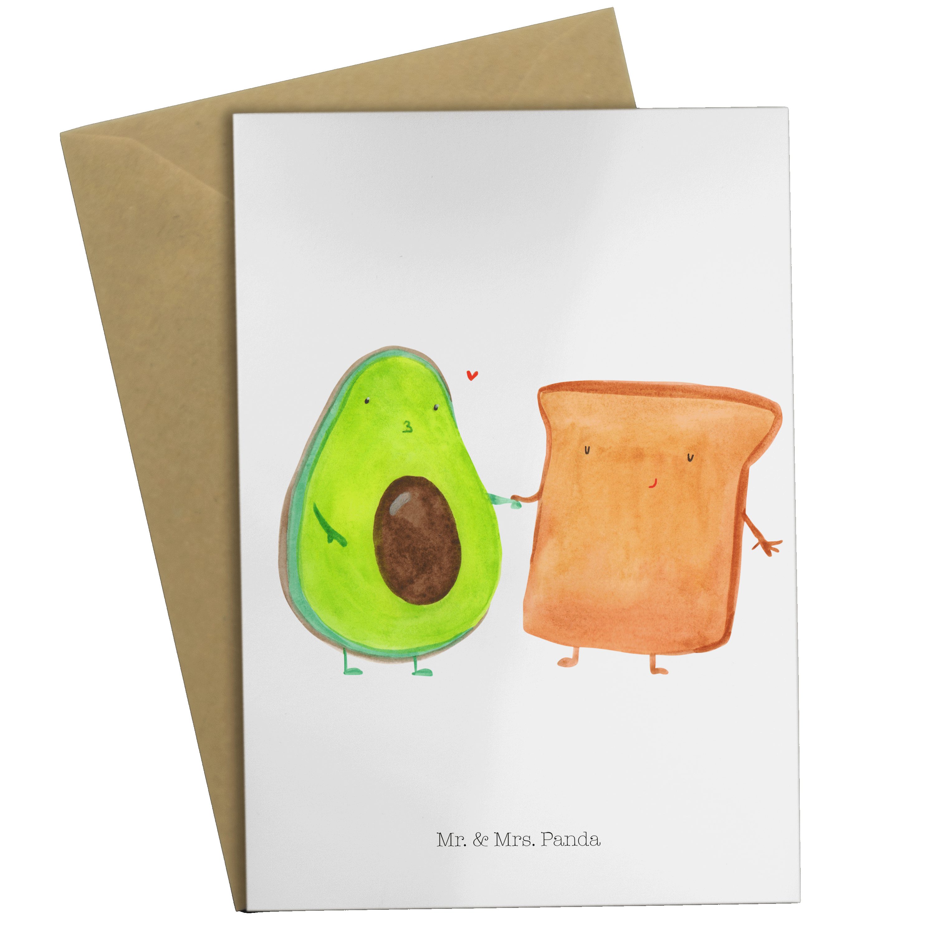 Mr. & Mrs. Panda Grußkarte Avocado + Toast - Weiß - Geschenk, Einladungskarte, Geburtstagskarte