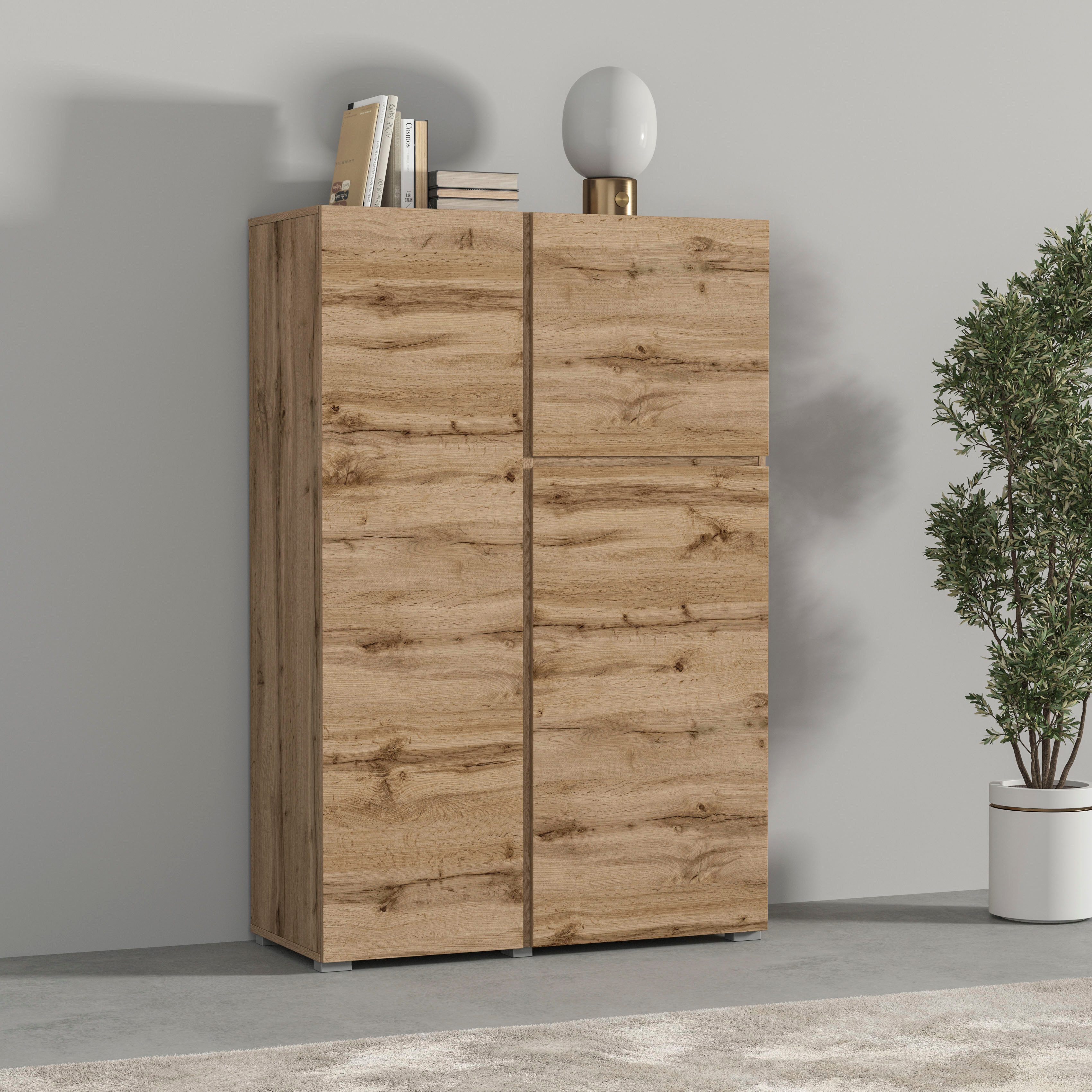 Highboard Asymetric, Breite 92 cm, moderne grifflose Hochkommode mit 3 Türen