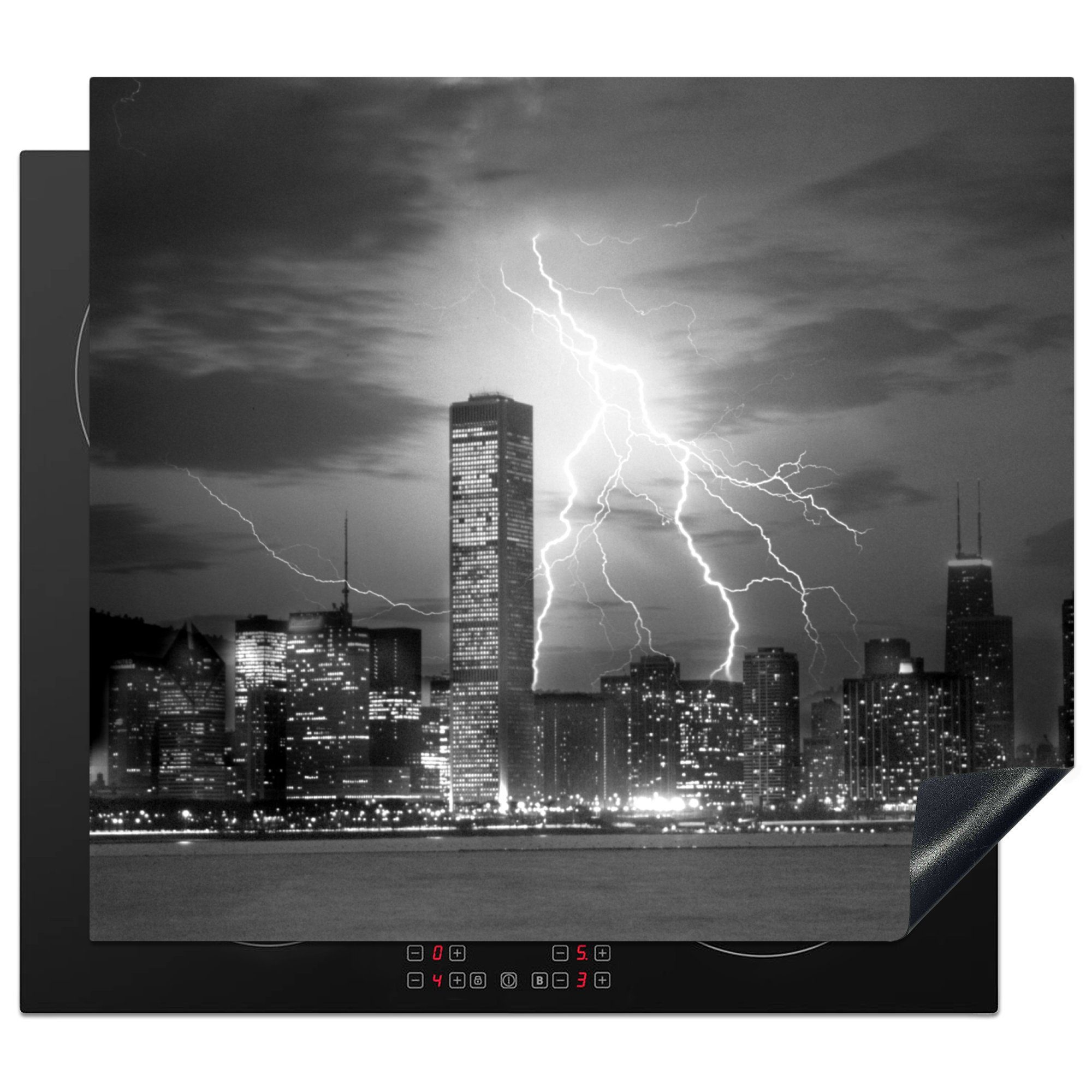 MuchoWow Herdblende-/Abdeckplatte Skyline von 60x52 nutzbar, Ceranfeldabdeckung Chicago tlg), (1 weiß, mit - und cm, Arbeitsfläche Mobile Blitzen schwarz Vinyl