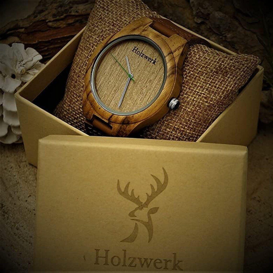 Holzwerk Damen grün Armband Leder BURGAU braun, & Uhr, Quarzuhr und Holz Herren