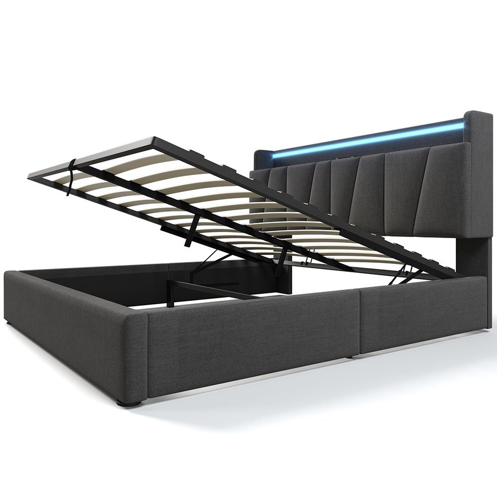 Polsterbett (160 x 200 cm Hydraulisches Bett mit Lattenrost), Dopplebett mit LED-Beleuchtung, USB Ladefunktion & Stauraumkopfteil