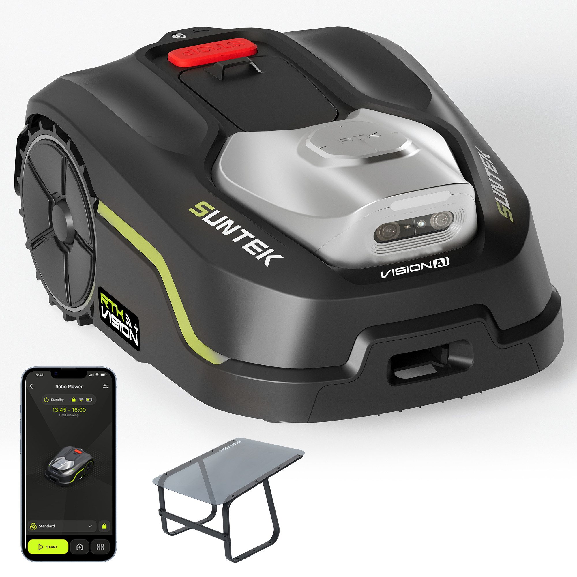 SUNTEK Rasenmähroboter RTK+Vision+TOF LiDAR Mähroboter ohne Begrenzungskabel mit Garage, bis 500 m² Rasenfläche, (1-St), KI-Hindernisvermeidung, 35% Steigung, App