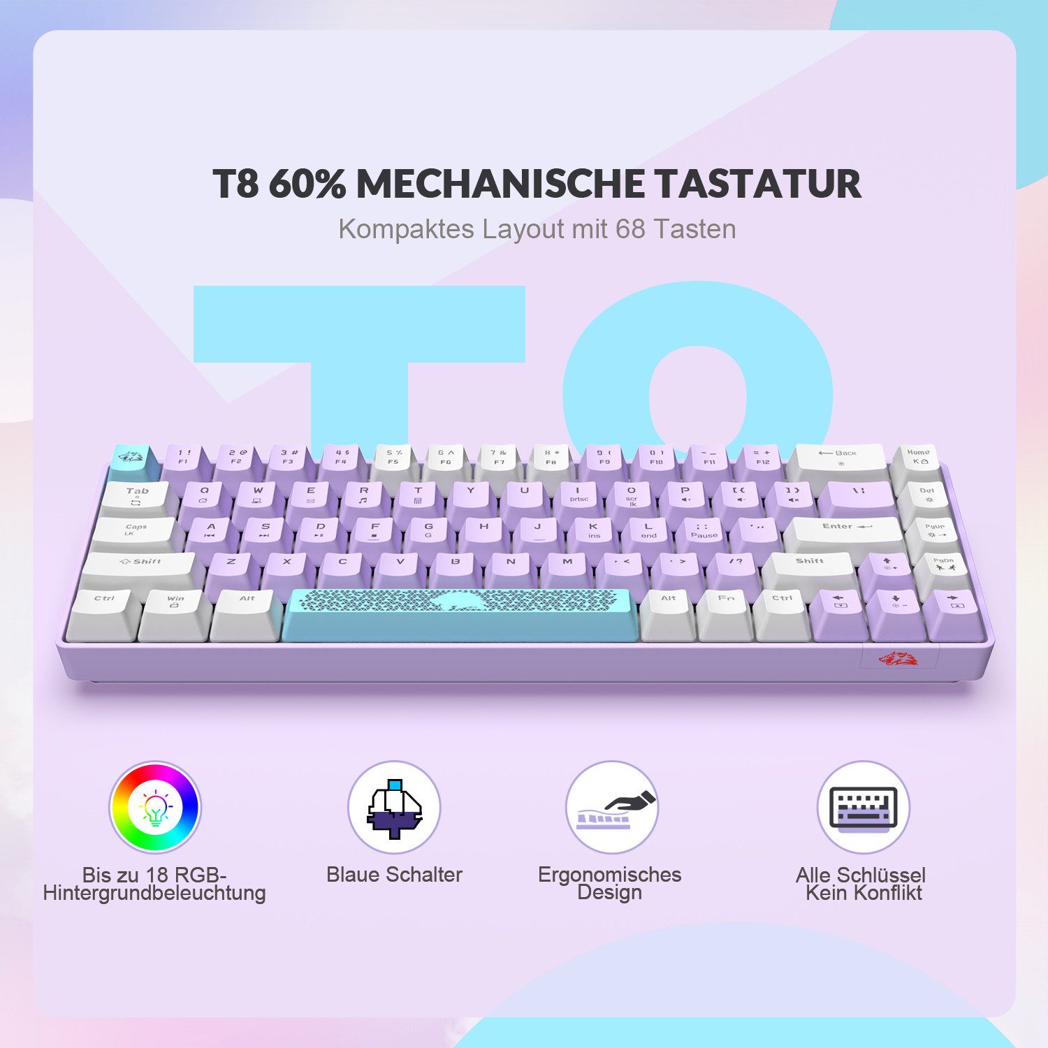 ZIYOU LANG T8 60% Mechanische Gaming-Tastatur,68 Tasten TKL mit Kompaktem Layout, Gaming-Tastatur (Kompaktem Layout,18 RGB,Anti-Ghosting,USB-C Spiralkabel,für PC,Mac)