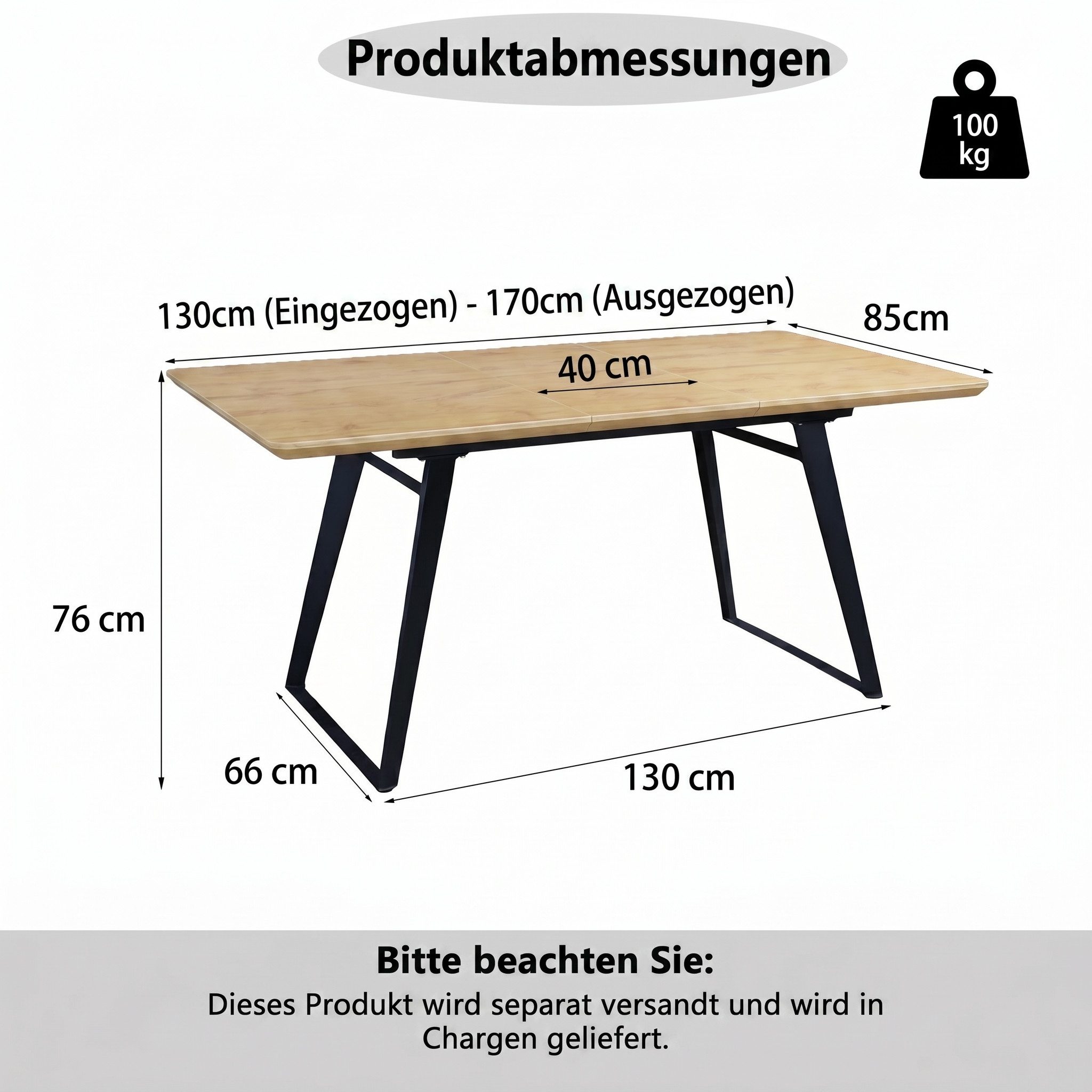 Jiexi Esstisch Esstisch ausziehbar 130-170cm MDF-Platte Eiche mit Metallgestell – Bild 3 von 5