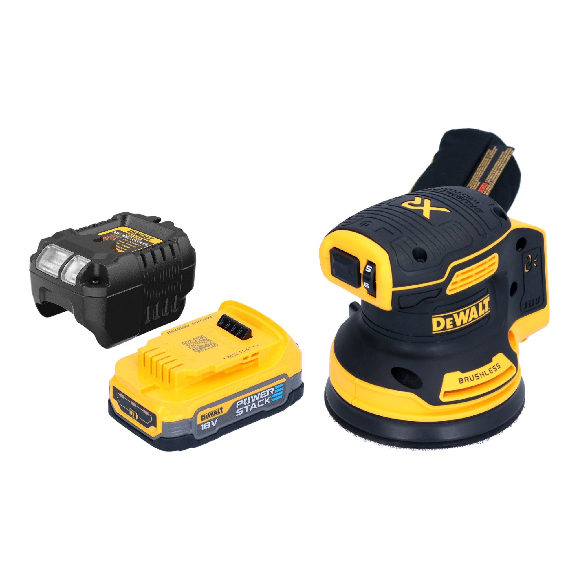 DeWalt Akku-Exzenterschleifer DCW 210 E1 18 V 125 mm Brushless + 1x Powerstack Akku 1,7 Ah + Lader