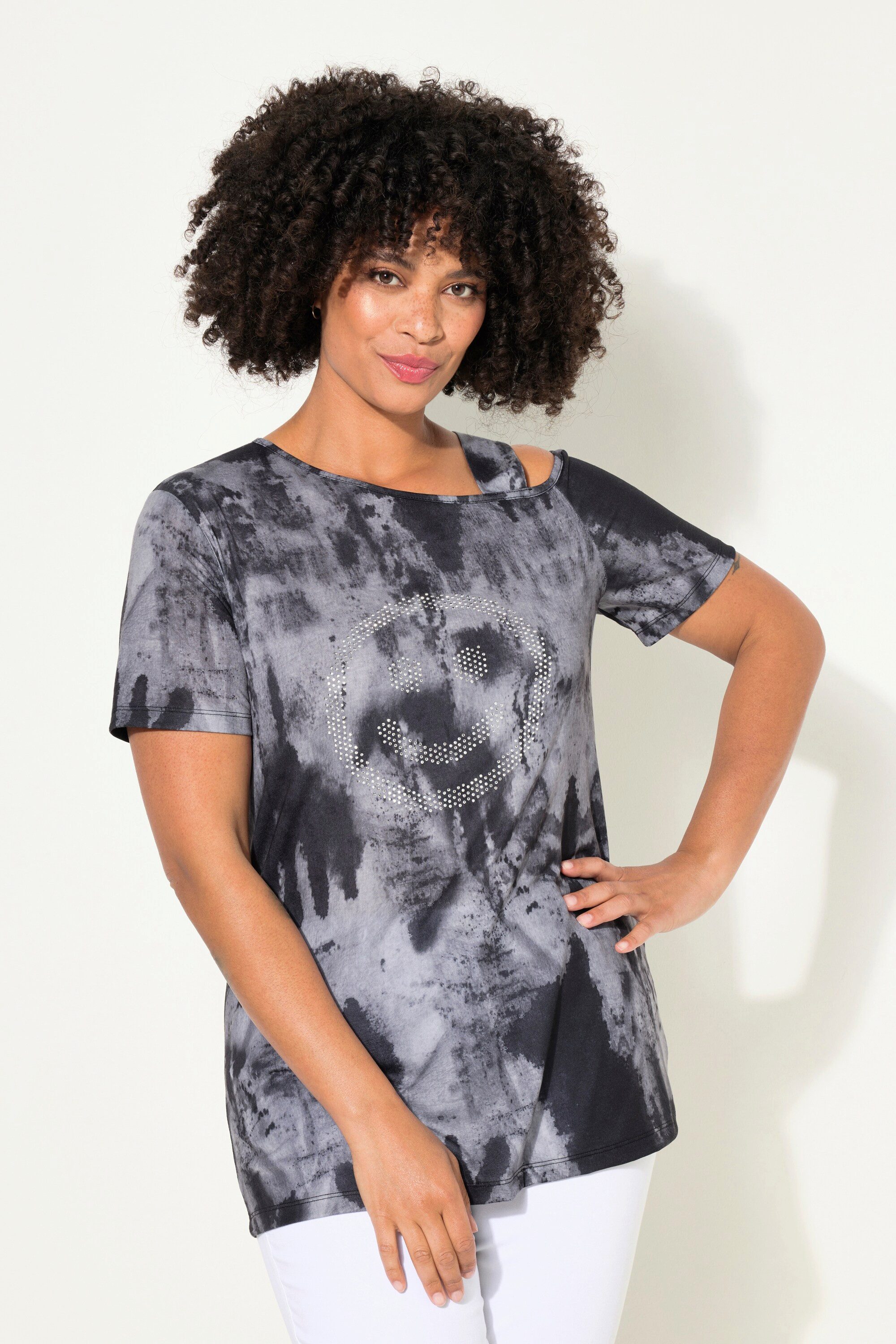 T-Shirt T-Shirt Straight Fit Batikprint Schulter CutOut