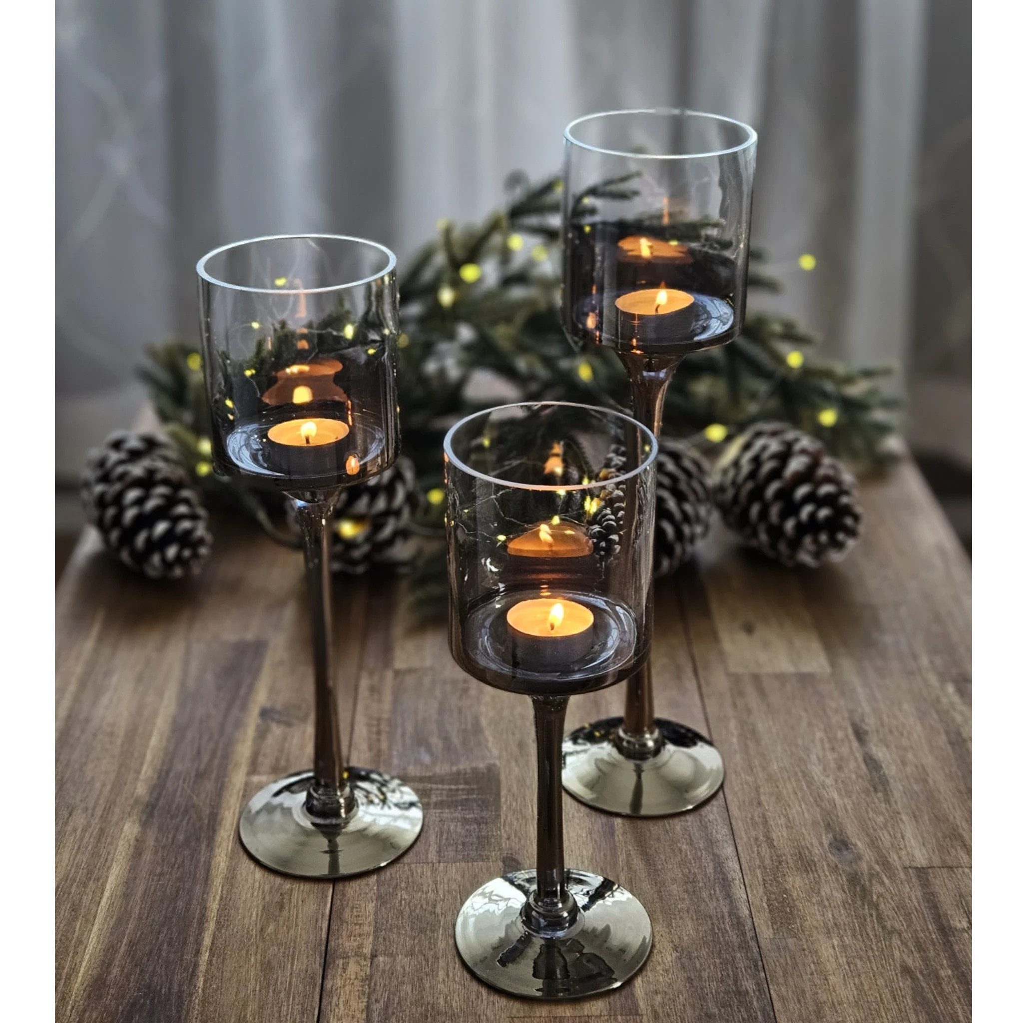 Meinposten Kerzenleuchter aus Glas 3er Set Kerzenglas Windlicht Weihnachten silber Stumpenkerzen (3er Set, 3 St)