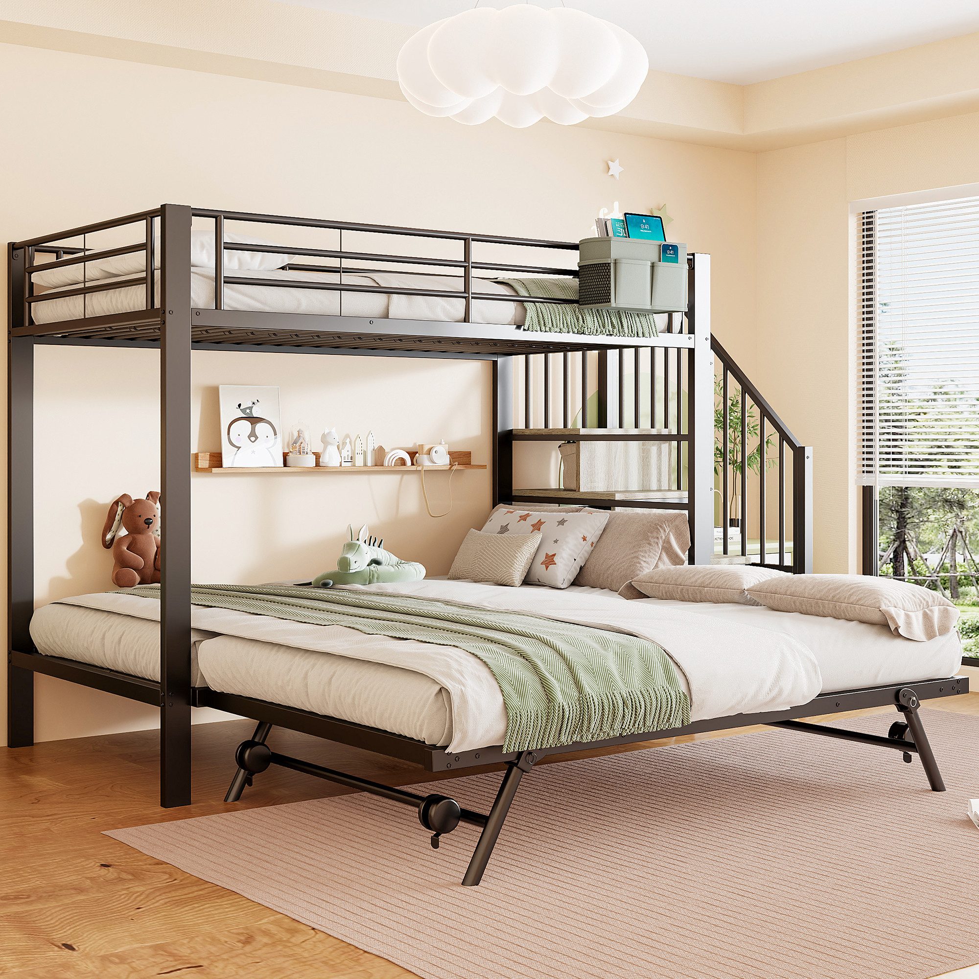 Flieks Etagenbett, Dreierbett Metallbett 90x200cm mit Ausziehbett 90x190cm Stauraumtreppe