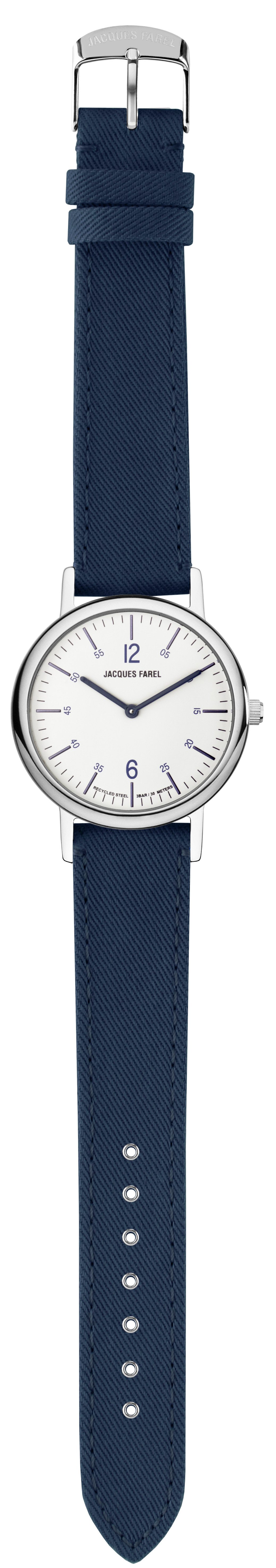 Jacques Farel Quarzuhr ORS5555 nachhaltige Damen Armbanduhr Recycling-Stahlgehäuse Lyocellband 3 bar, Analog Dunkelblau Ökouhr ökologisch Geschenk Frauen Ø38 mm