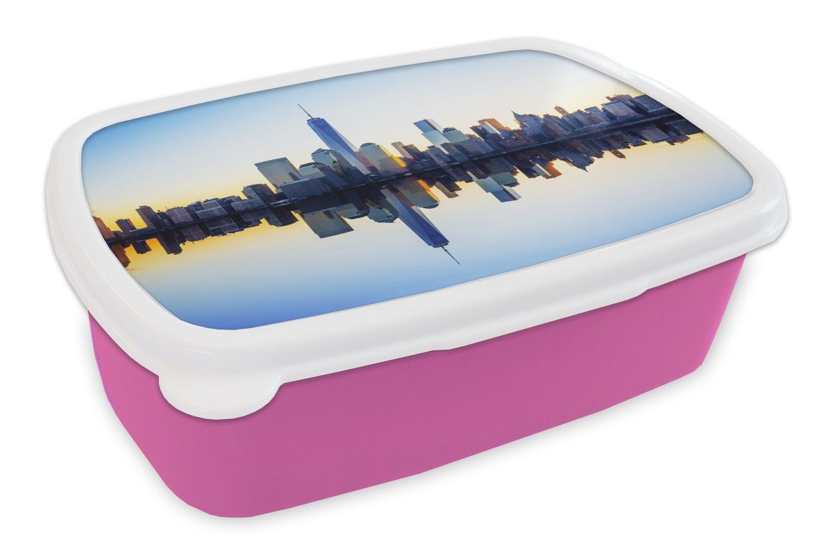 MuchoWow Lunchbox Skyline - New York - Wasser, Kunststoff, (2-tlg), Brotbox für Erwachsene, Brotdose Kinder, Snackbox, Mädchen, Kunststoff rosa