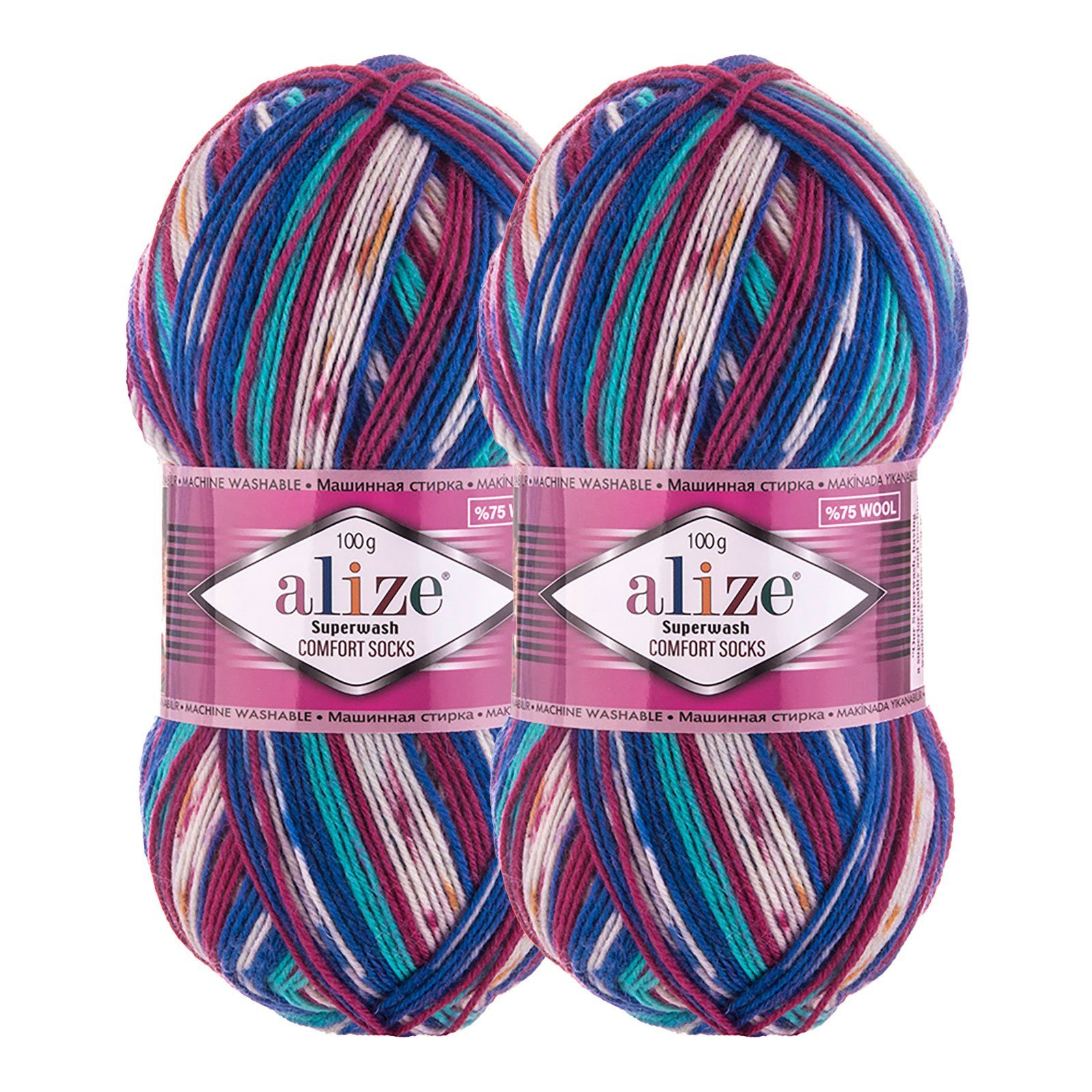 Alize 2 x 100g Sockenwolle Superwash Comfort Häkelwolle, 840 m (2-St), 7654 blau rot gelb creme