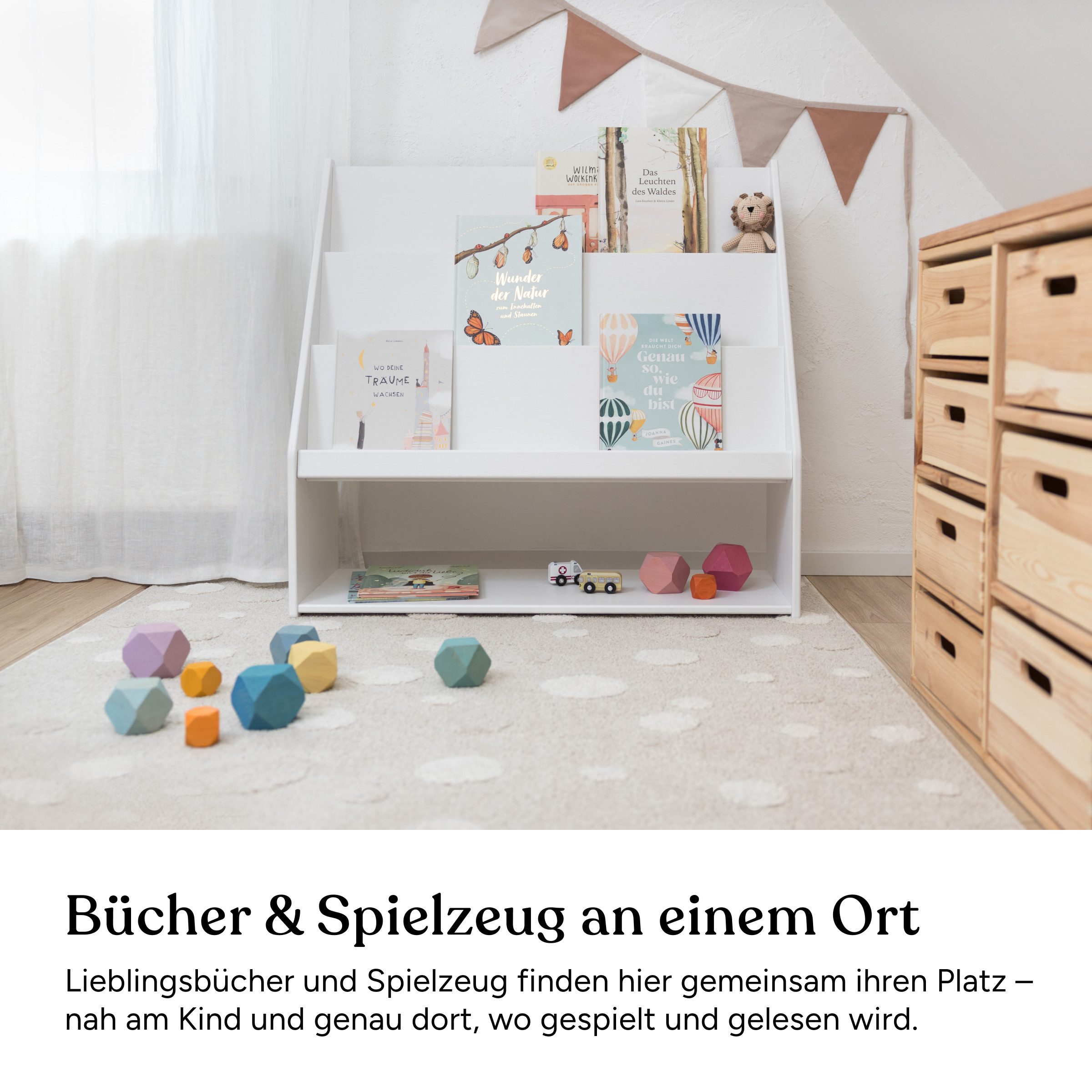 Ehrenkind Bücherregal mit Stauraum, aus massivem Kiefernholz, frontale Buchablage auf Kinderhöhe, Montessori-inspiriert