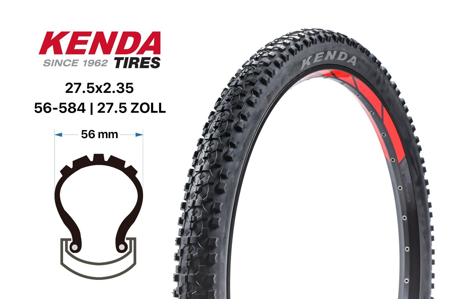 KENDA Fahrradreifen 27.5 Zoll KENDA Kadre Reifen 27.5x2.35 Mountain Bike MTB 56-584 Schwar