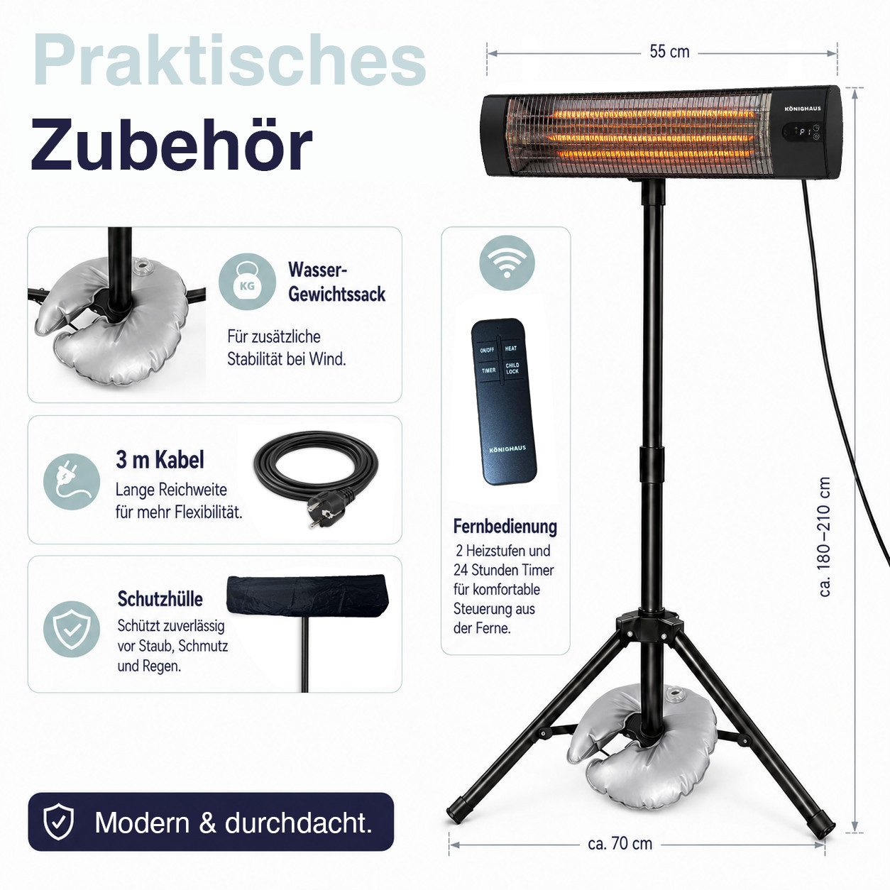 Könighaus Heizstrahler Infrarot-Terrassenheizstrahler, 2000 W, mit Stativ & Wandhalterung, 2000 W, 2 Heizstufen, Fernbedienung, Timer, 2,80-m-Kabel, Schutzhülle, IP44