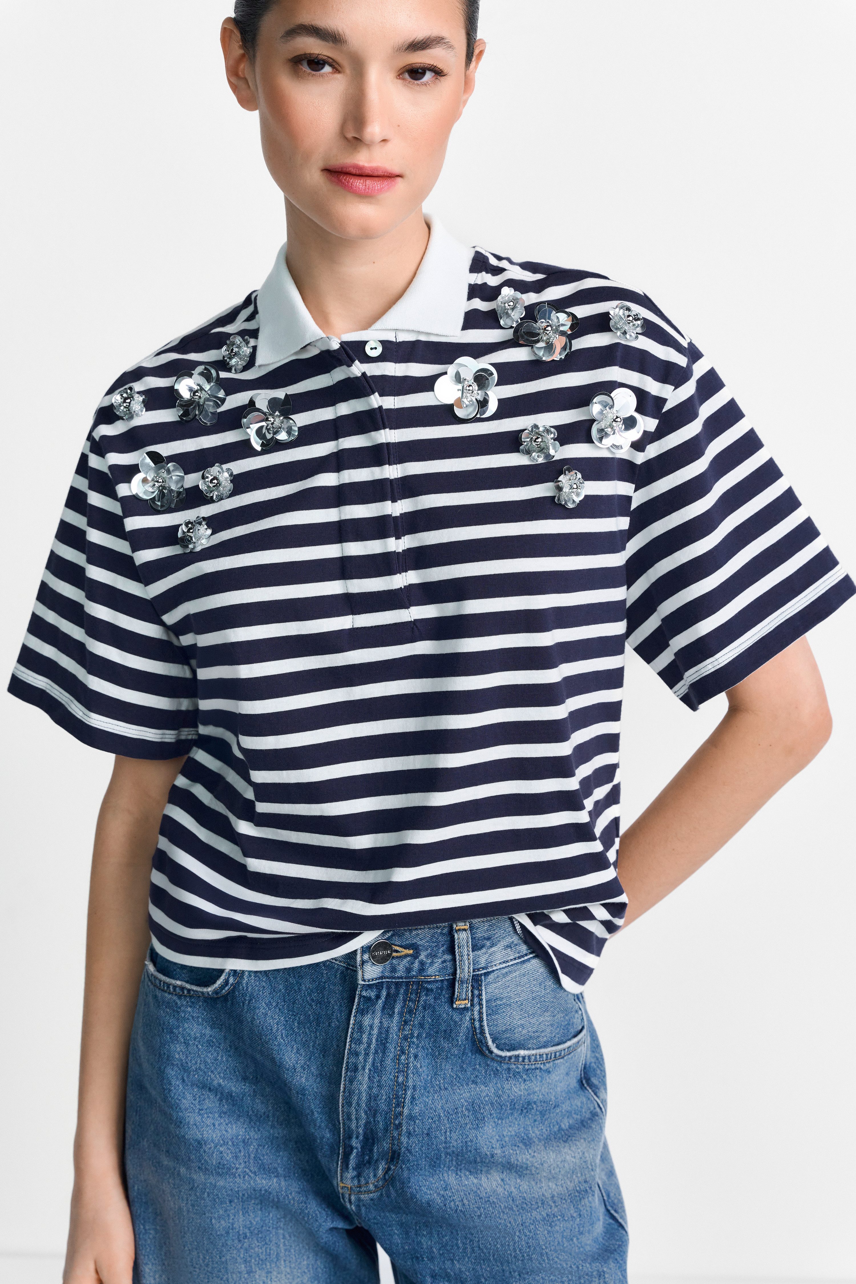 RICHROYAL Poloshirt mit Blume-Applikationen, Gerade Form