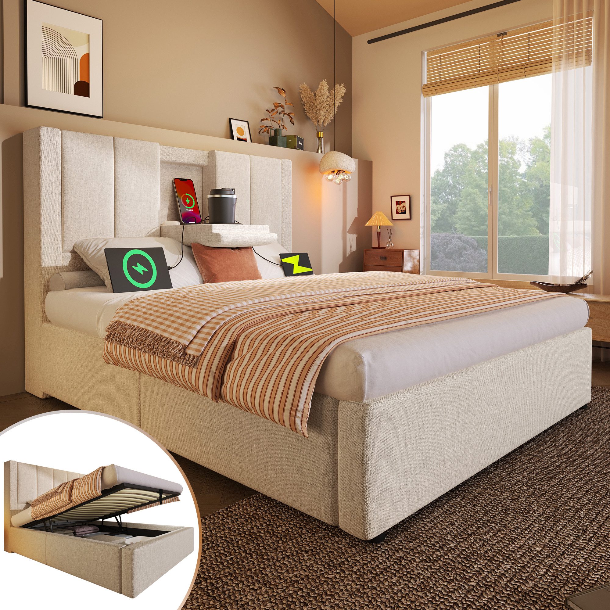 HAUSS SPOLE Polsterbett 90x200 mit Bettkasten,Jugendbett Bettgestell mit Becherhalter&USB