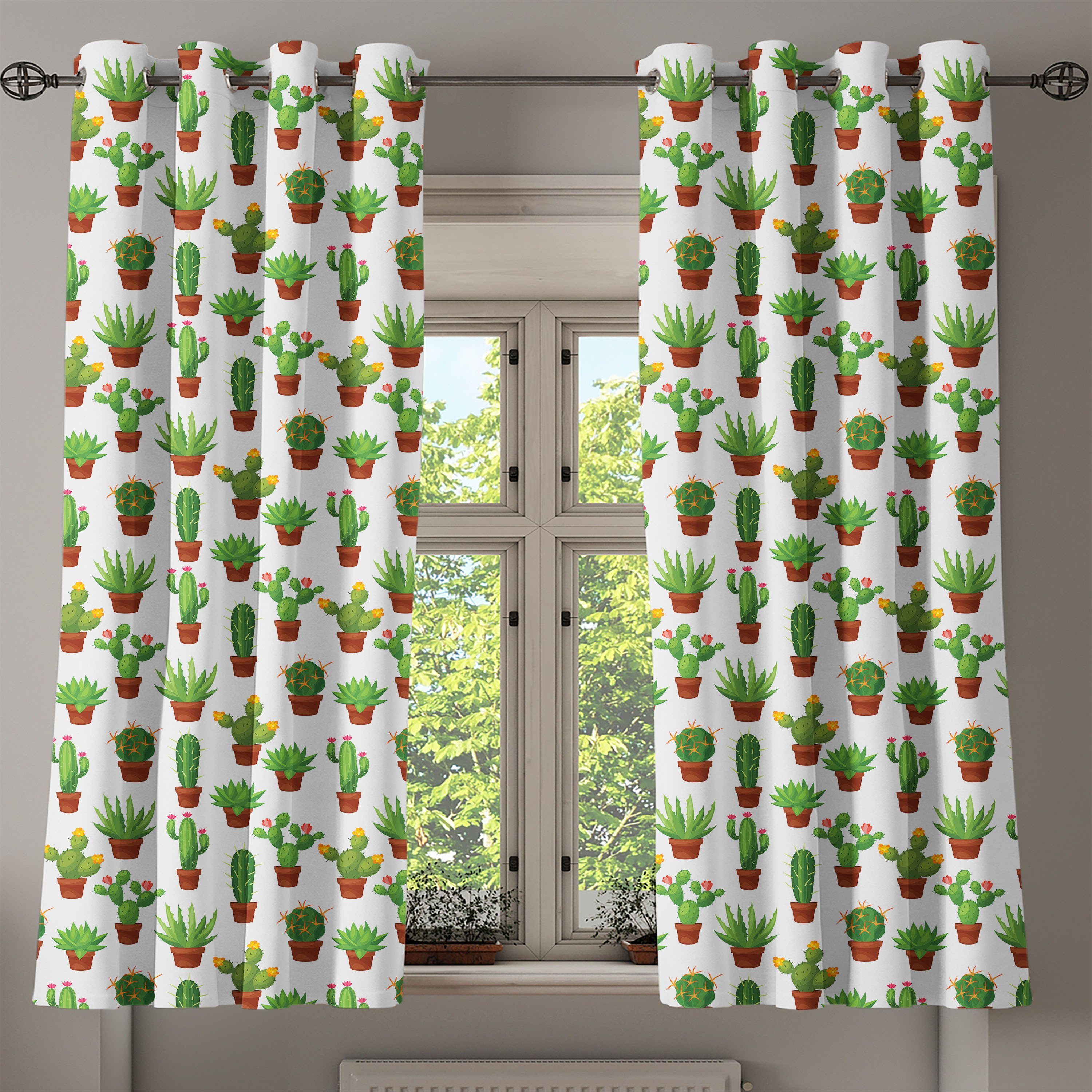für Vasen Wohnzimmer, Blumenmuster Kaktus Abakuhaus, Gardine Dekorative Schlafzimmer 2-Panel-Fenstervorhänge