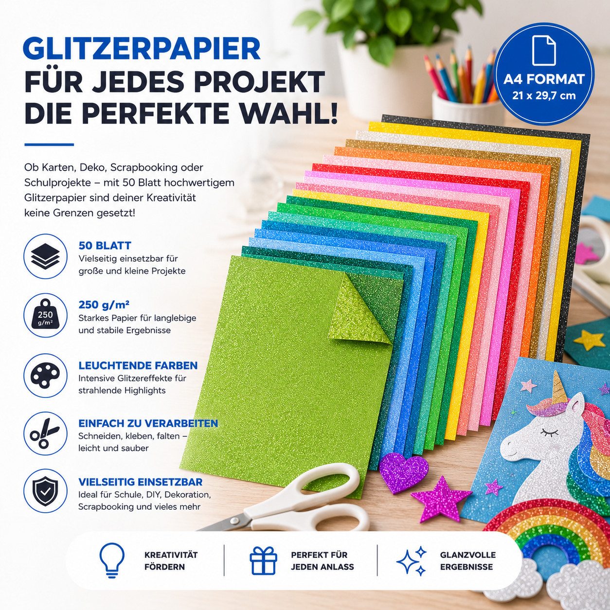 Organizabel Bastelkartonpapier 50 Blatt buntes Glitzerpapier DIN A4, 250 g/m², zum Basteln, Glitzerstruktur – Bild 5 von 5