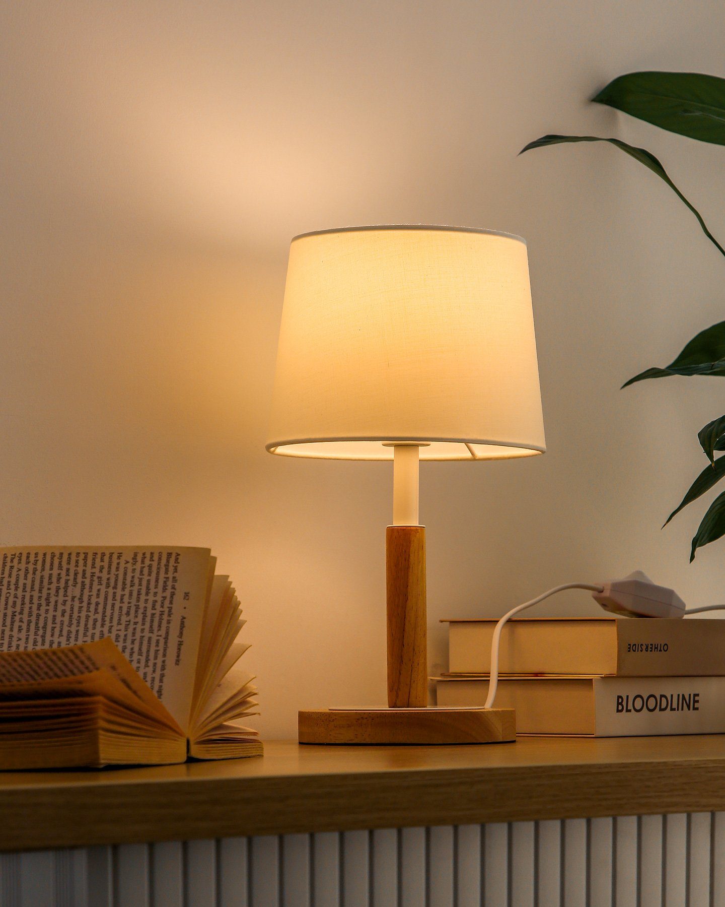 Tischlampe, Tischleuchte Tomons LED Beige Holz, LED aus dimmbar Nachttischlampe wechselbar LED