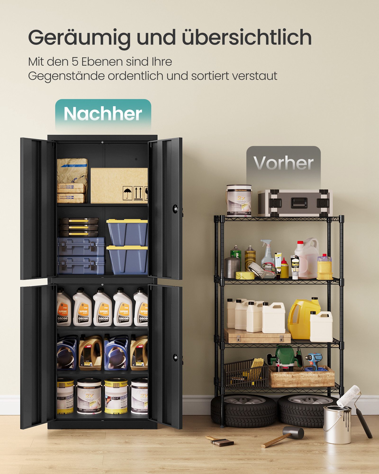 SONGMICS Aktenschrank Mehrzweckschrank, Stahl-Aufbewahrungsschrank, 5 Ebenen 4 Türen, 40 x 60/80 x 180 cm, 2 Schlösser, verstellbare Ablagen