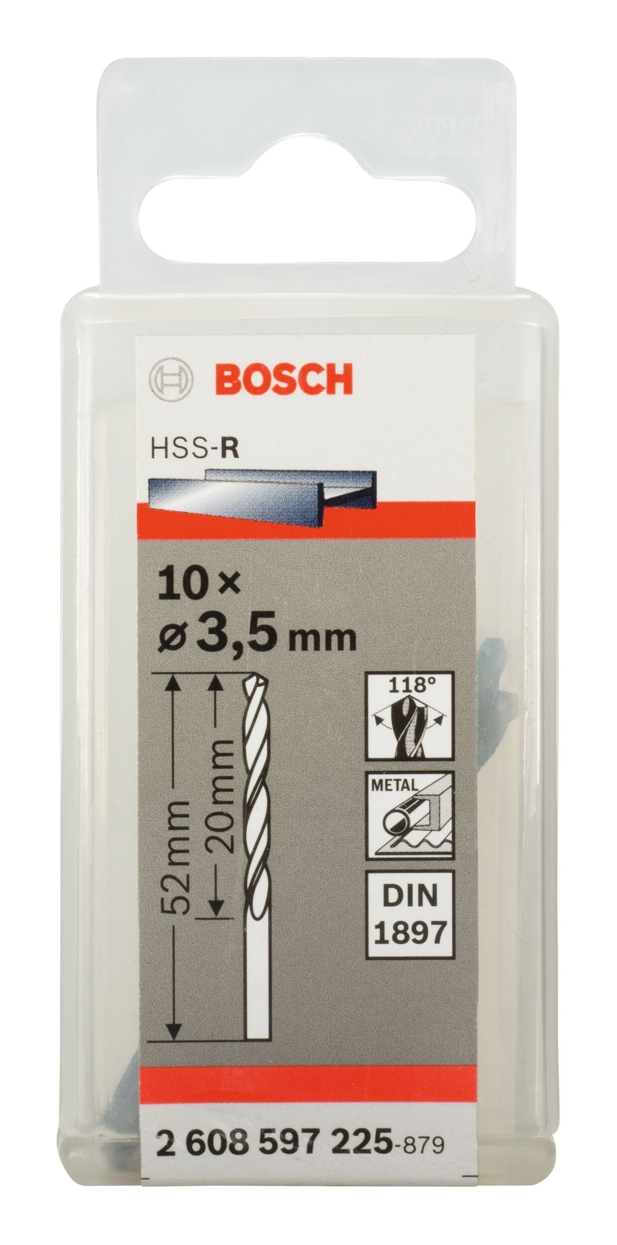 Thumbnail - BOSCH Metallbohrer, (10 Stück), HSS-R (DIN 1897) Karosseriebohrer - 3,5 x 20 x 52 mm - 10er-Pack