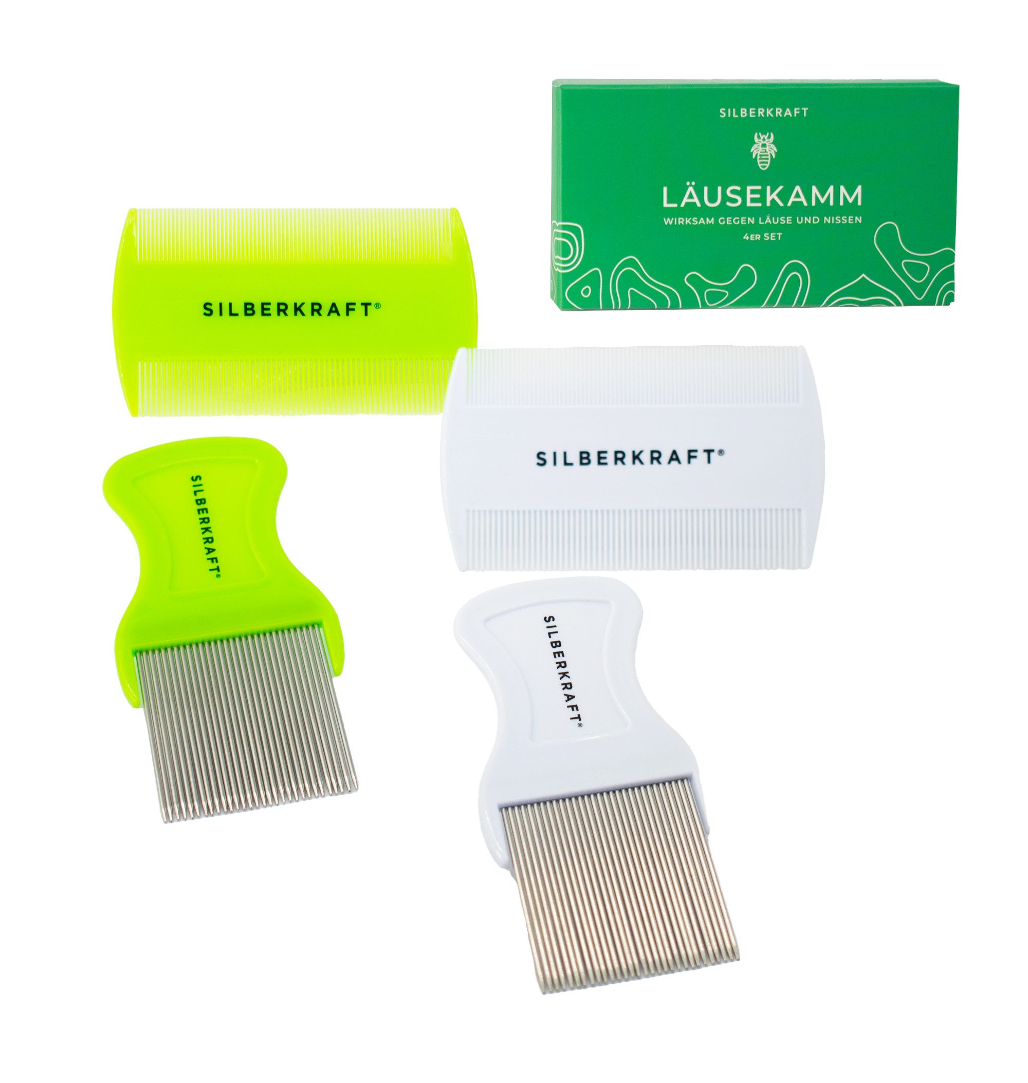 Silberkraft Flohkamm Silberkraft Läusekamm 4er Set – Nissenkamm- Effektive Läusebekämpfung, Metall- und Kunststoffzinken, (4er Set Kopfhautpflege, Tierpflege, 1-tlg), Entfernung von Läusen, Nissen und Flöhen bei Mensch und Tier
