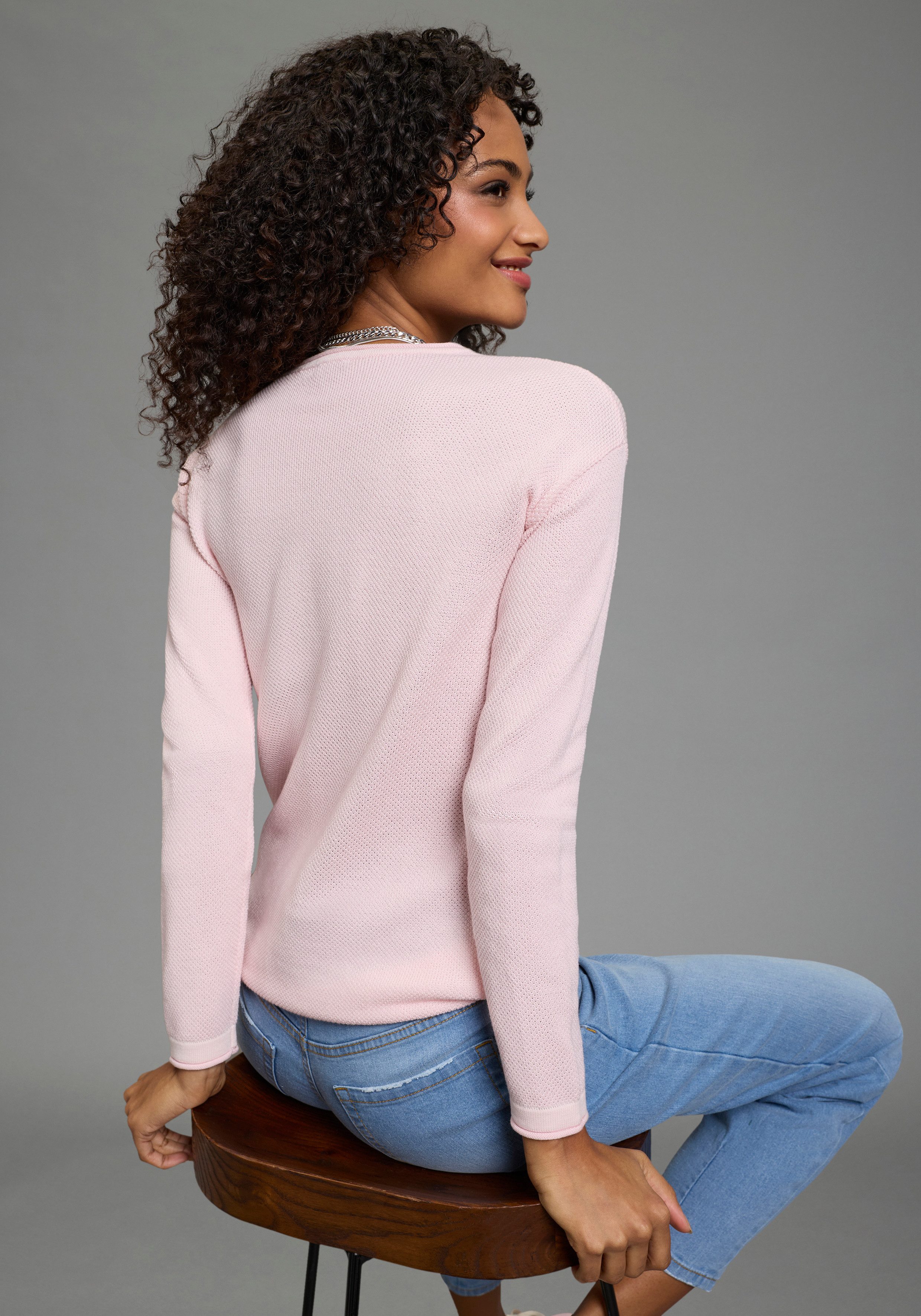 Laura Scott Rundhalspullover leichter Feinstrick mit Waffelmuster